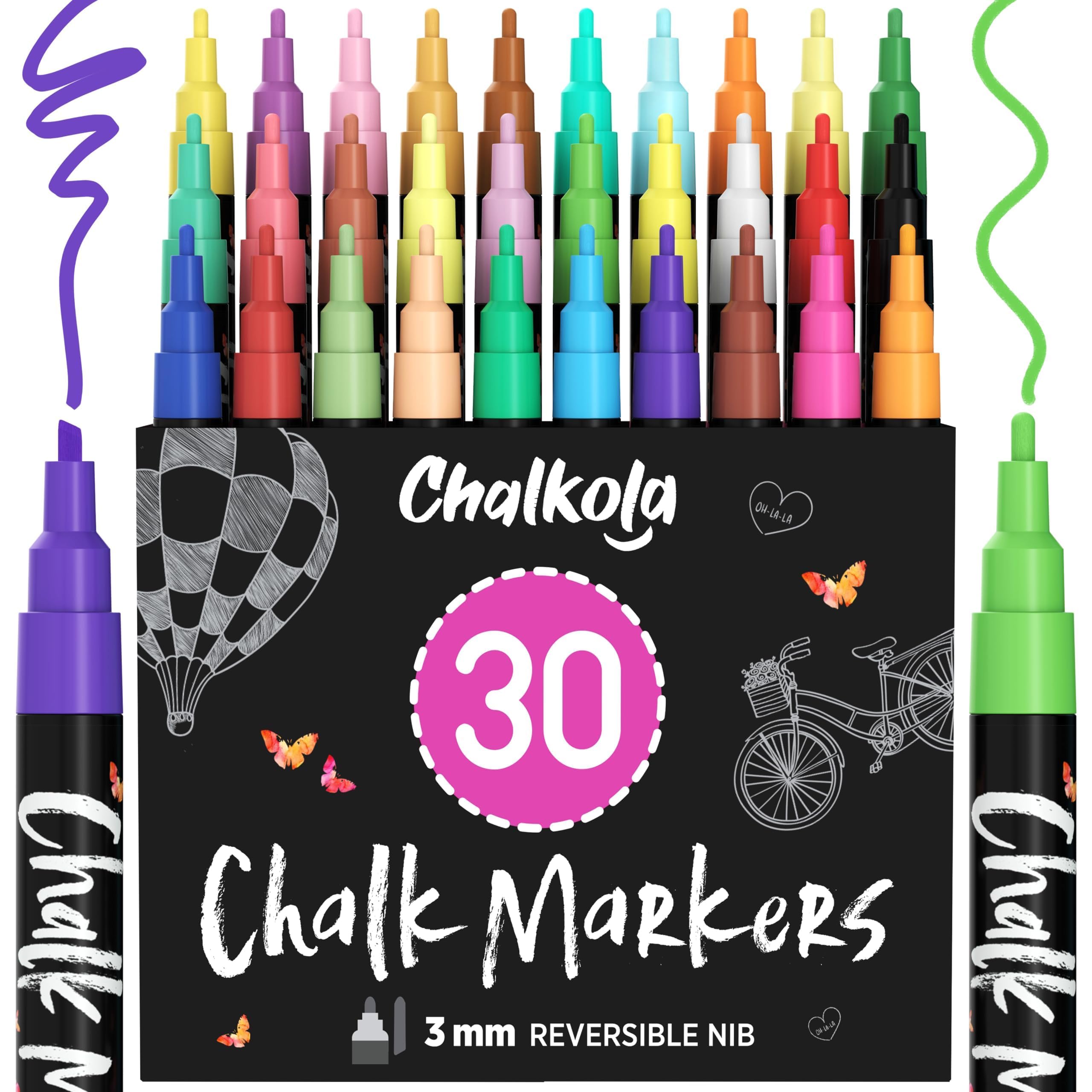 30 Pack Neon & Pastel Fine Tip Chalk Markers - 3mm Reversible Dry Erase Pens for Blackboard, Chalkboard Signs, Windows, Bistro - Perfect for Restaurants, Cafes, Classroom Teaching & DIY Crafts