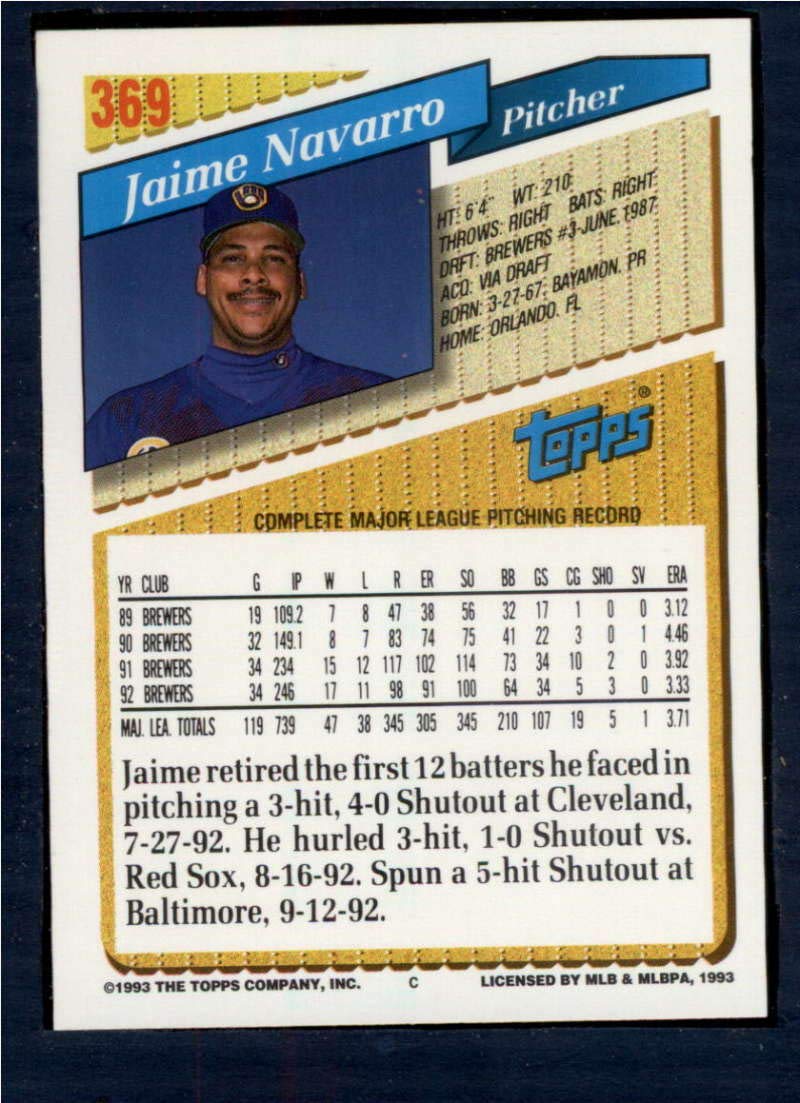 1993 Topps #369 Jaime Navarro NM-MT Milwaukee Brewers Baseball Card - Perfect for Collectors, Sports Memorabilia & Baseball Fans