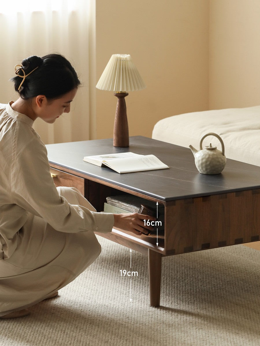 Solid Black Walnut Wood Storage Coffee Table with Rock Plate - Rustic Living Room Furniture for Home Decor & Organization