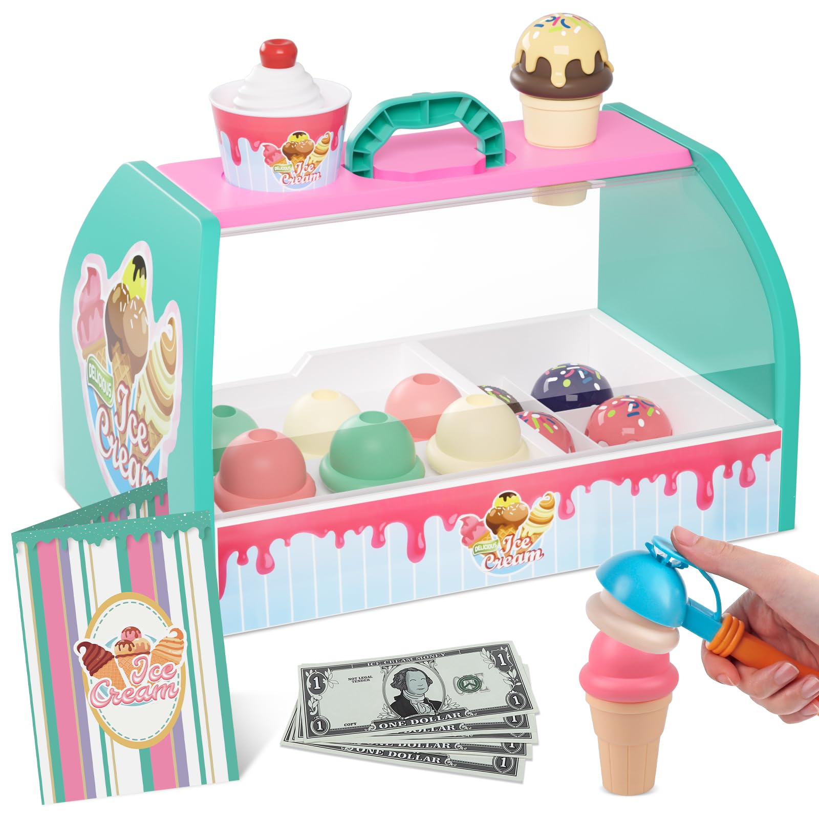 Kids Ice Cream Counter Playset - Pretend Play Ice Cream Shop Toys with Scoop & Serve Play Food - Fun Educational Toy for Toddler Girls & Boys Ages 3+ - Perfect for Birthday Gifts & Role Play Activities