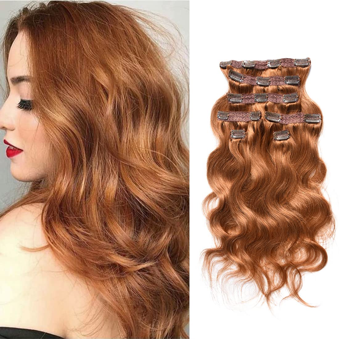22 Inch Copper Red Human Hair Clip-In Extensions - 140g Brazilian Virgin Hair, Double Weft, 7Pcs/Lot with 16 Clips | Perfect for Parties, Weddings & Daily Styling