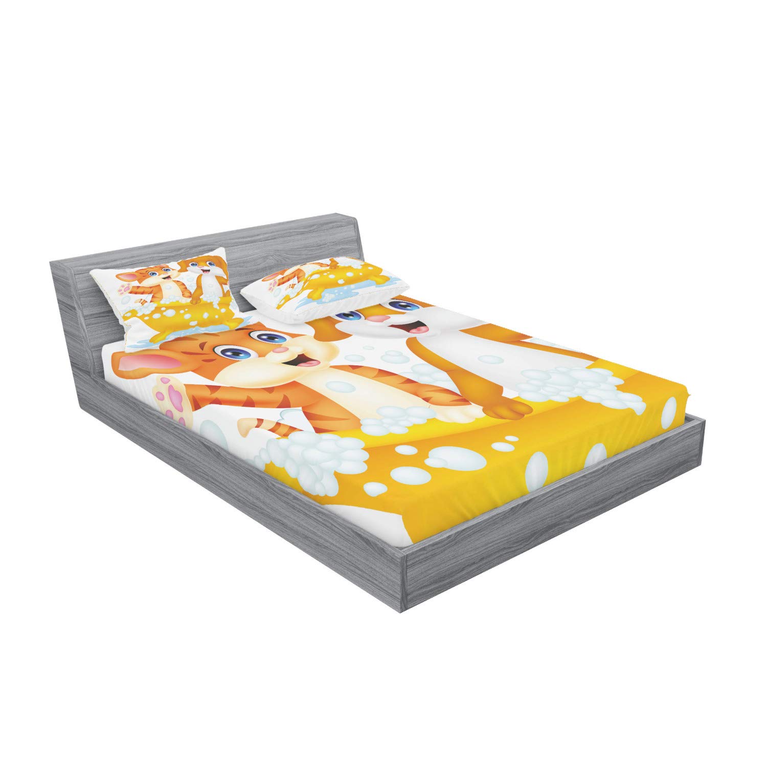 Ambesonne Animal Print 3-Piece Bedding Set - Cartoon Cat & Dog in Bathtub with Bubbles Design, Queen Size Fitted Sheet & Pillow Shams, Yellow Brown Blue - Perfect for Kids' Rooms, Guest Bedrooms & Themed Decor