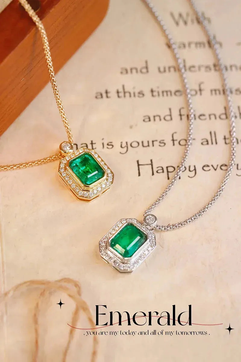 18K White or Yellow Gold Emerald and Diamond Necklace for Women - Luxury Elegant Jewelry Gift for Anniversary, Birthday & Special Occasions