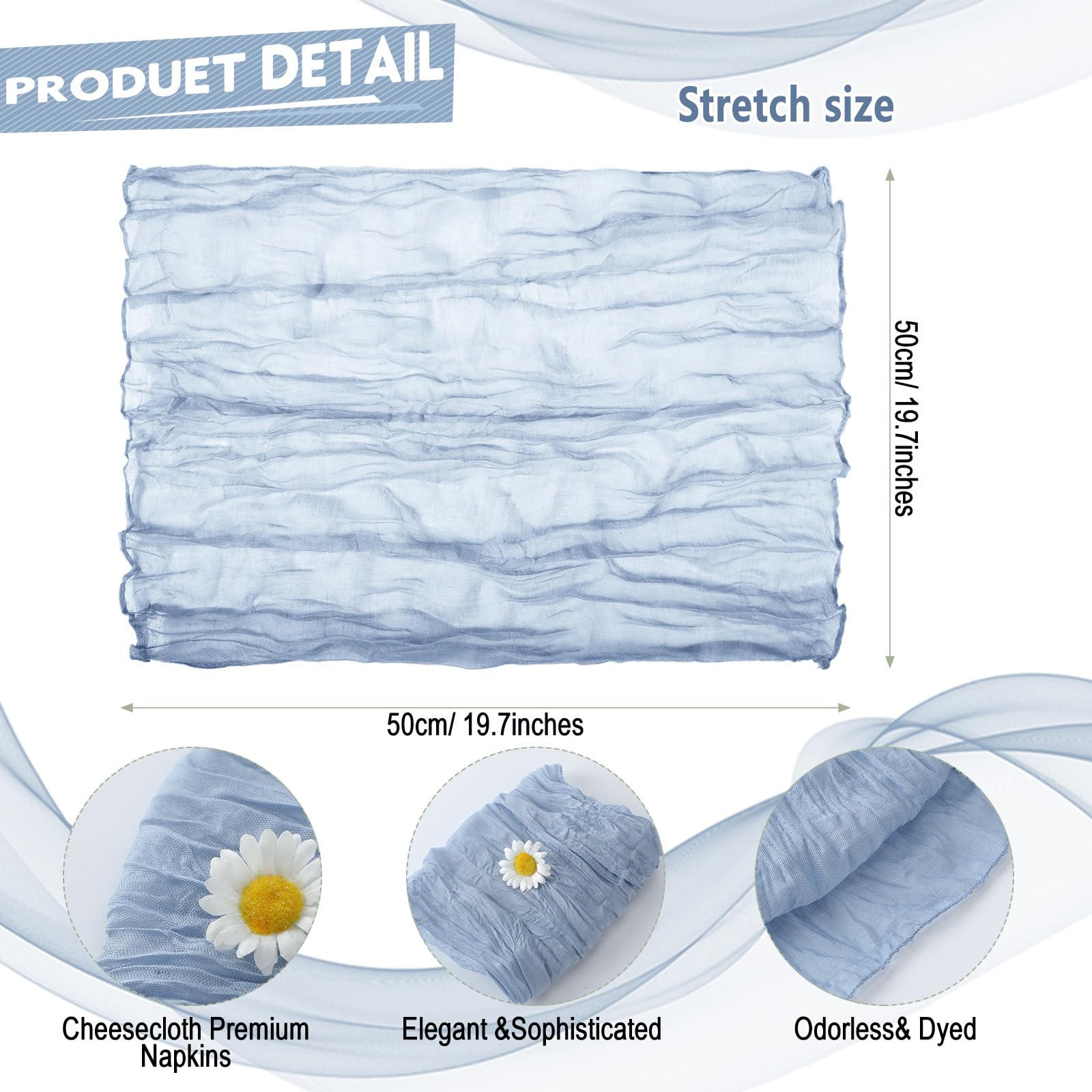 100-Piece Gauze Cheesecloth Napkins Set - 19.7x19.7 Inch Decorative Wrinkled Dinner Cloth for Wedding, Rustic Table Decor, Kitchen & Party (Dusty Blue) | Reusable for Cheese Making, Baking, DIY Crafts & Home Decor