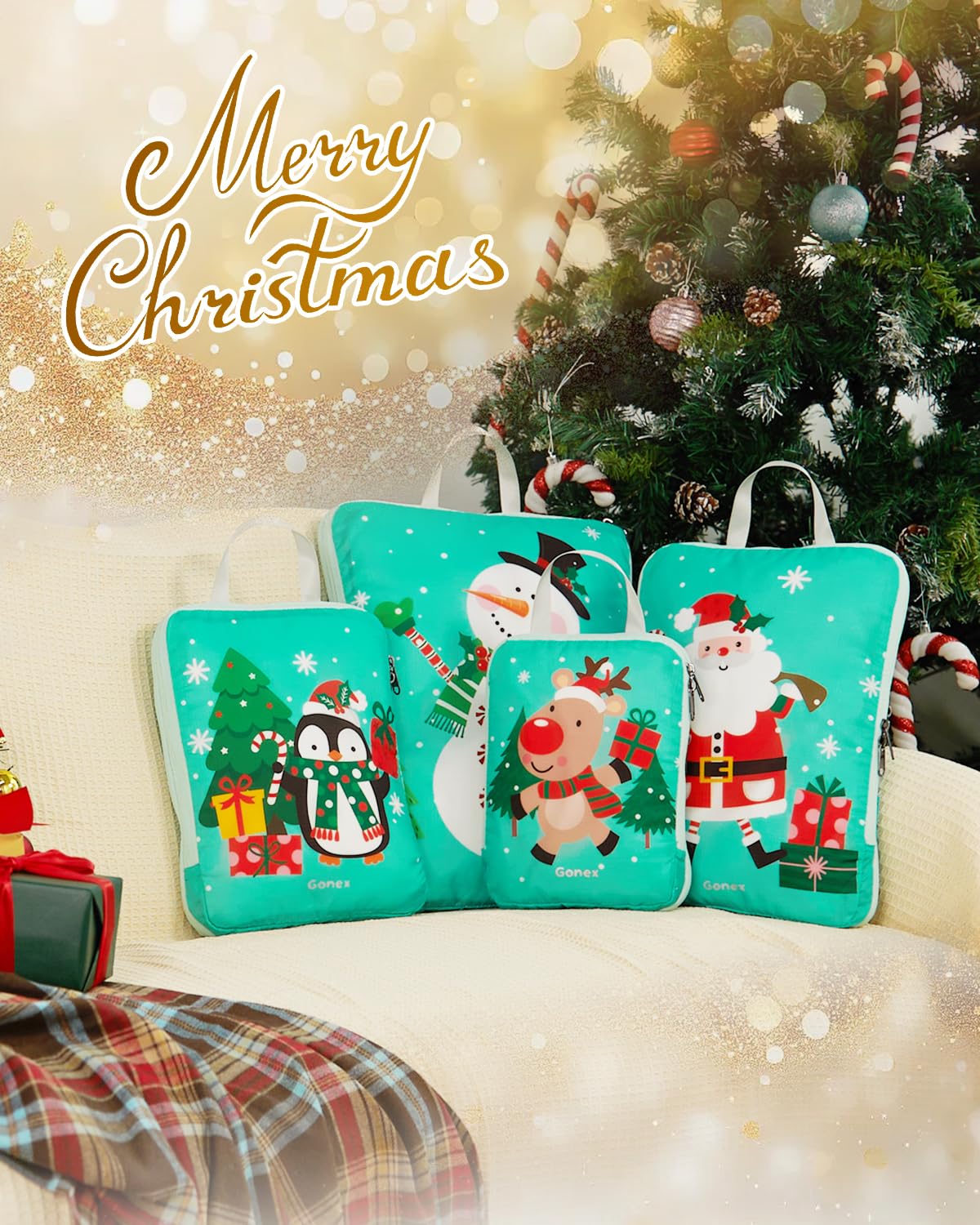 Gonex 4-Piece Expandable Compression Packing Cubes Set - Christmas Pattern Travel Luggage Organizers for Suitcases & Carry-On Bags | Perfect for Vacation, Business Trips & Weekend Getaways