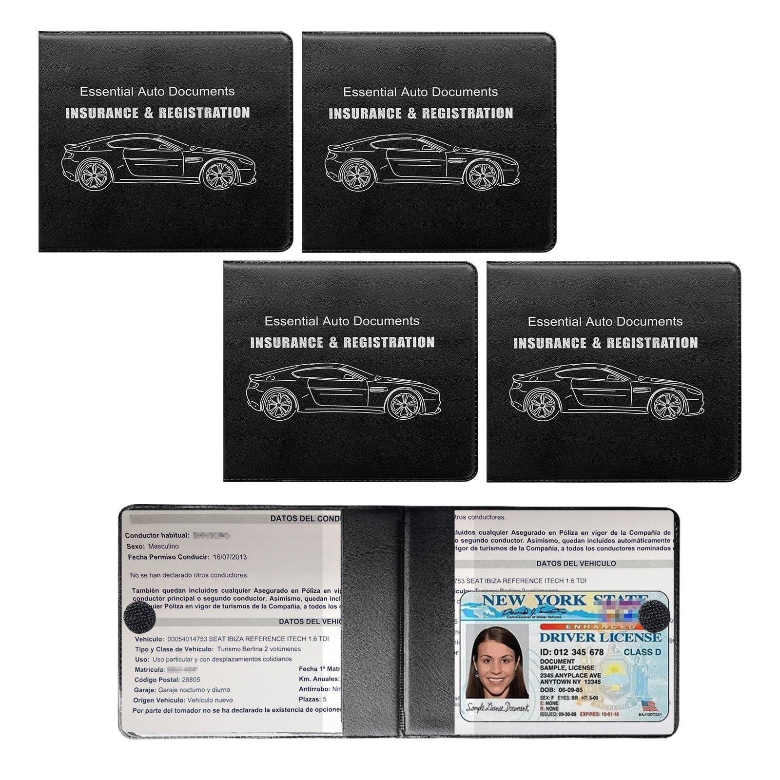 4 PCS Car Registration and Insurance Holder - Vehicle Glove Box Organizer with Secure Closure for License & Documents - Auto Essential Paperwork Wallet Case - Perfect for Organizing Car Papers, Insurance Cards & Vehicle Documents (Black with Car Logo) - Ideal for Road Trips, Daily Commutes & Vehicle Maintenance