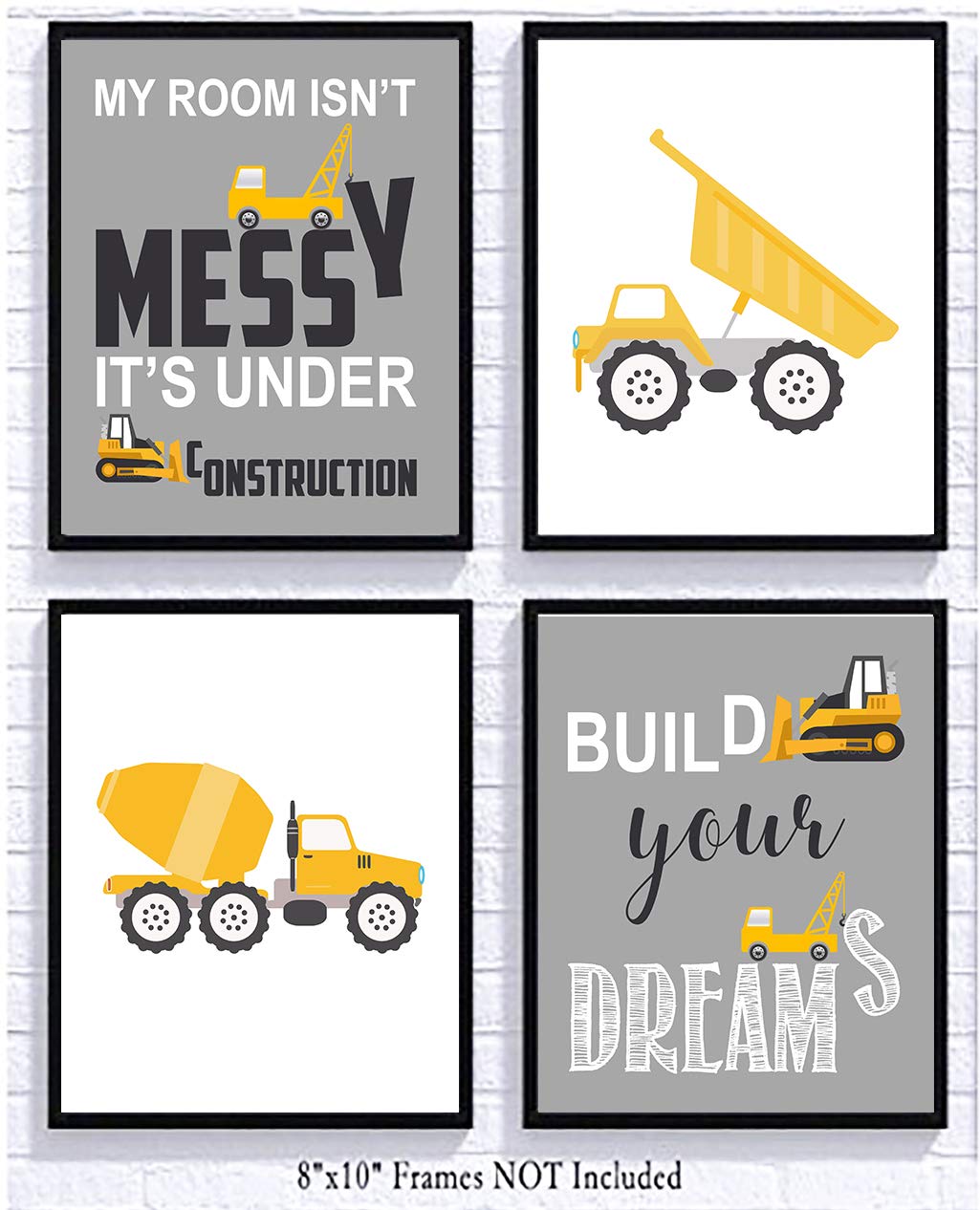 Grey Construction Truck Themed Art Prints - Set of 4 Frameless Wall Decor Posters | Silly Goose Gifts for Kids Room, Nursery, or Playroom Decoration