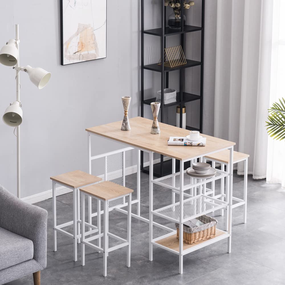 5-Piece Industrial Style Breakfast Table Set with 4 Backless Bar Stools & 3 Shelves - Counter Height Oak Finish Dining Table for Kitchen, Bar, Pub - Perfect for Small Space Dining, Breakfast Nook & Home Entertaining