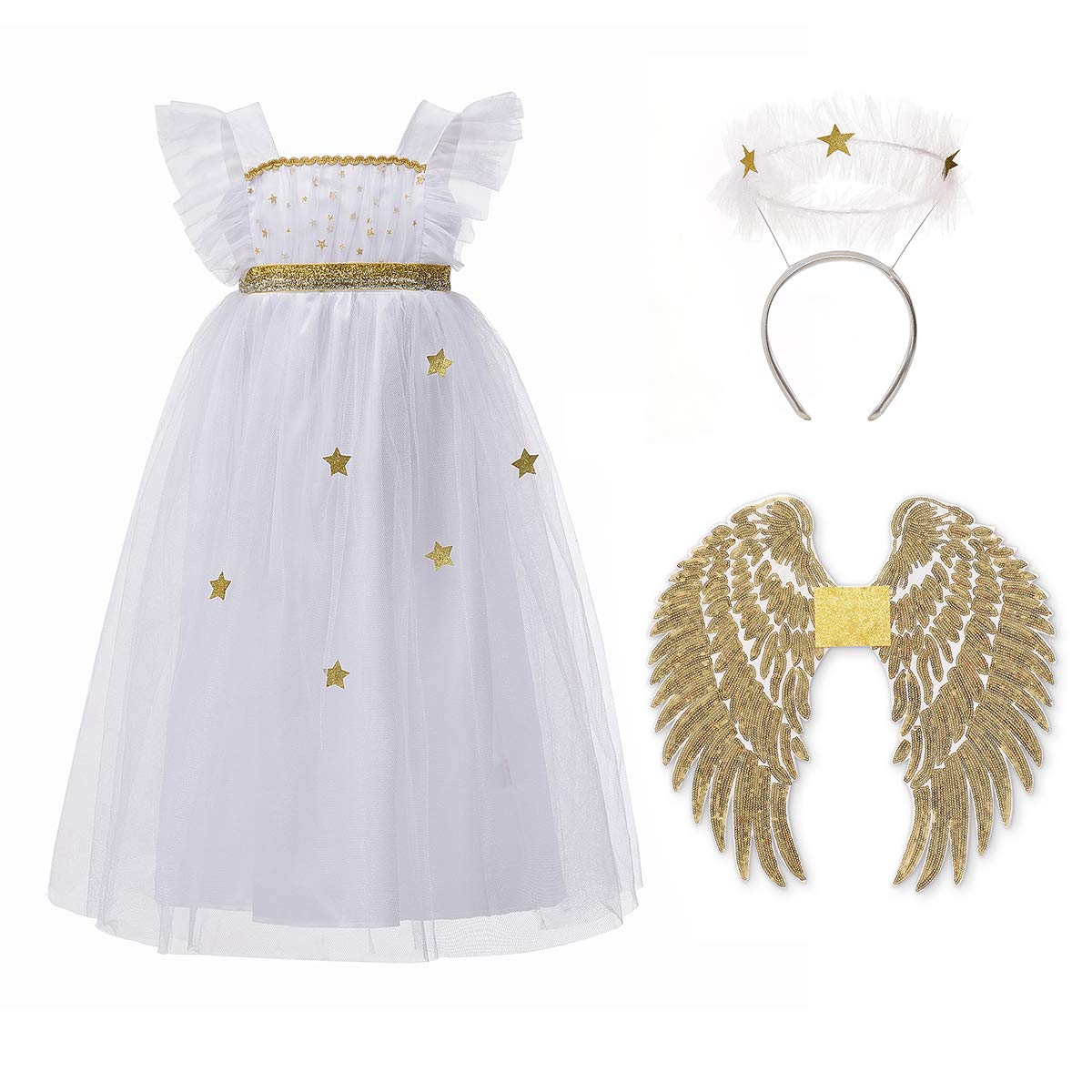 White Starlight Angel Costume for Girls - Sparkly Fairy Dress with Wings & Halo - Perfect for Halloween, Christmas Pageants & Fairy Tale Dress-Up