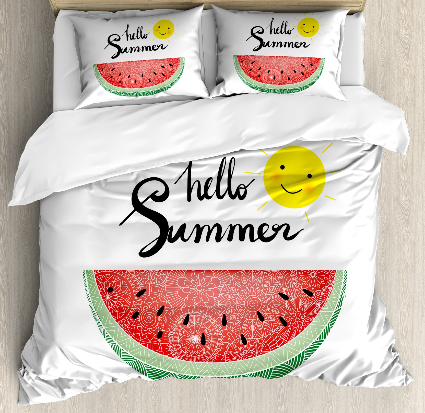 Ambesonne Hello Summer Duvet Cover Set - King Size 3 Piece Bedding with Abstract Zentangle Watermelon & Sun Design, 2 Pillow Shams - Vibrant Multicolor Summer Decor for Bedroom, Guest Room & Vacation Homes