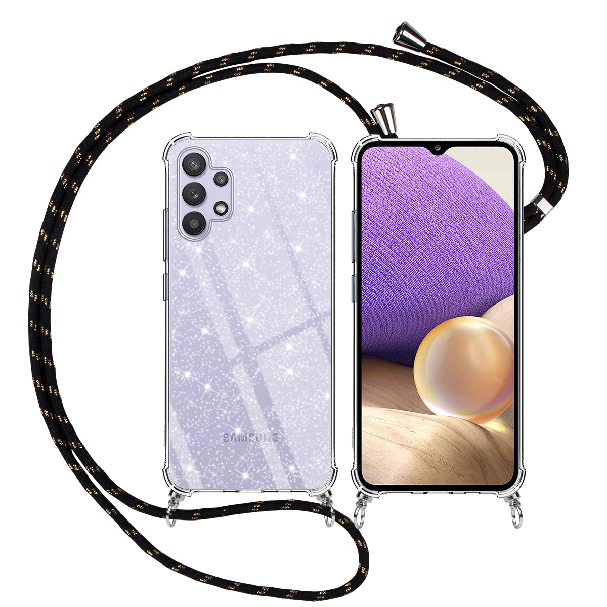 Yoedge Crossbody Phone Case for Samsung Galaxy A73 5G (6.7 Inch) - Clear Glitter Sparkle Protective Cover with Adjustable Lanyard Strap, Anti-Scratch Shockproof Design in Black Gold - Perfect for Travel, Shopping, and Hands-Free Daily Use