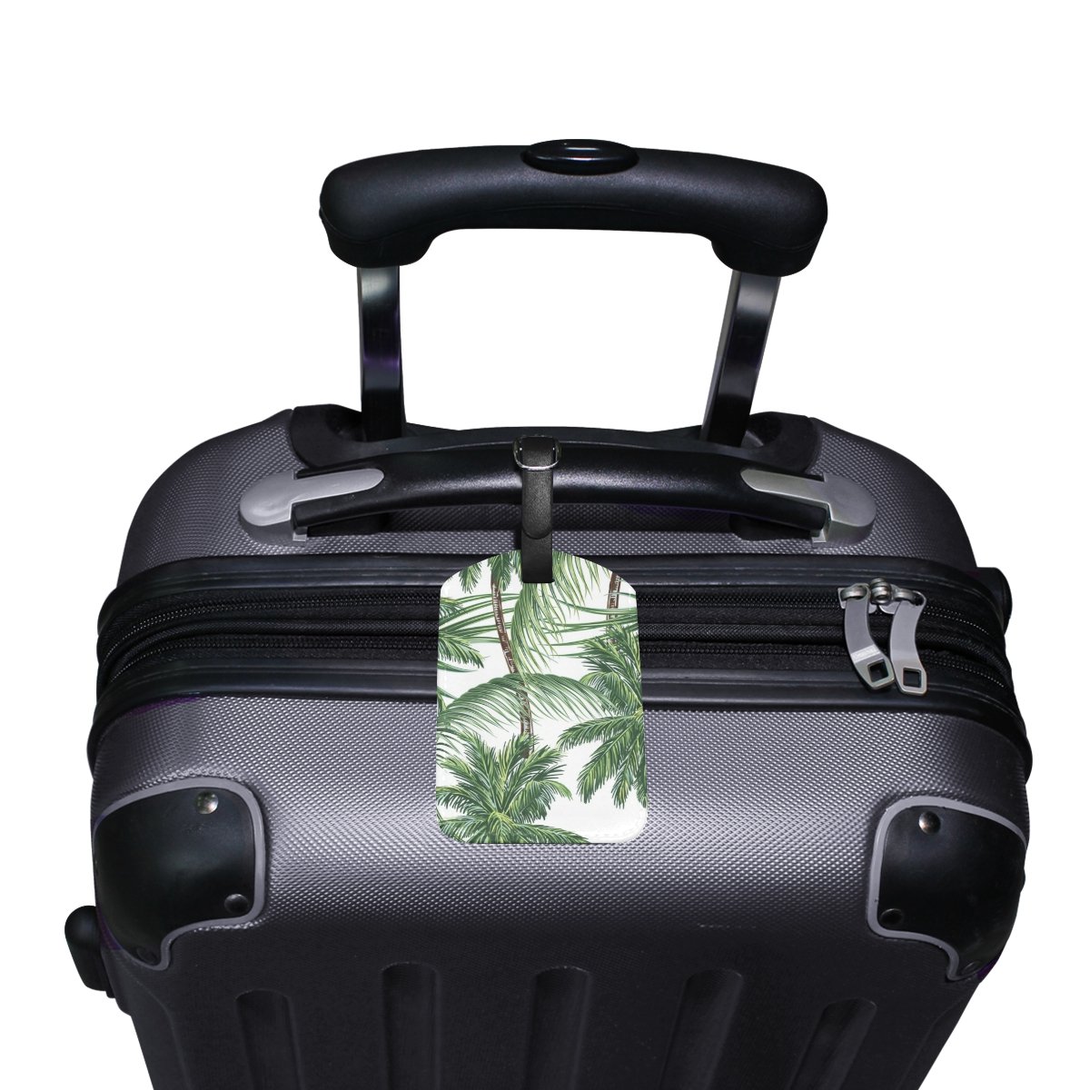 Stylish PU Leather Luggage Tag with Tropical Palm Leaves Design - Durable Suitcase ID Tag for Travel Bags, Perfect for Vacation & Business Trips