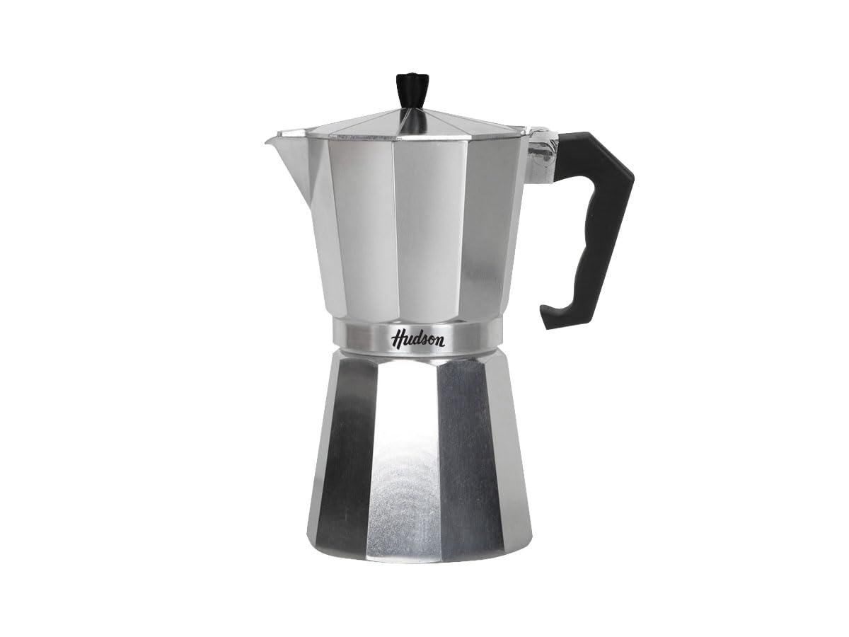 HUDSON Classic Italian Stovetop Espresso Maker - 9 Cup Moka Pot for Perfect Coffee, Silver Polish - Ideal for Home, Office & Camping Brewing