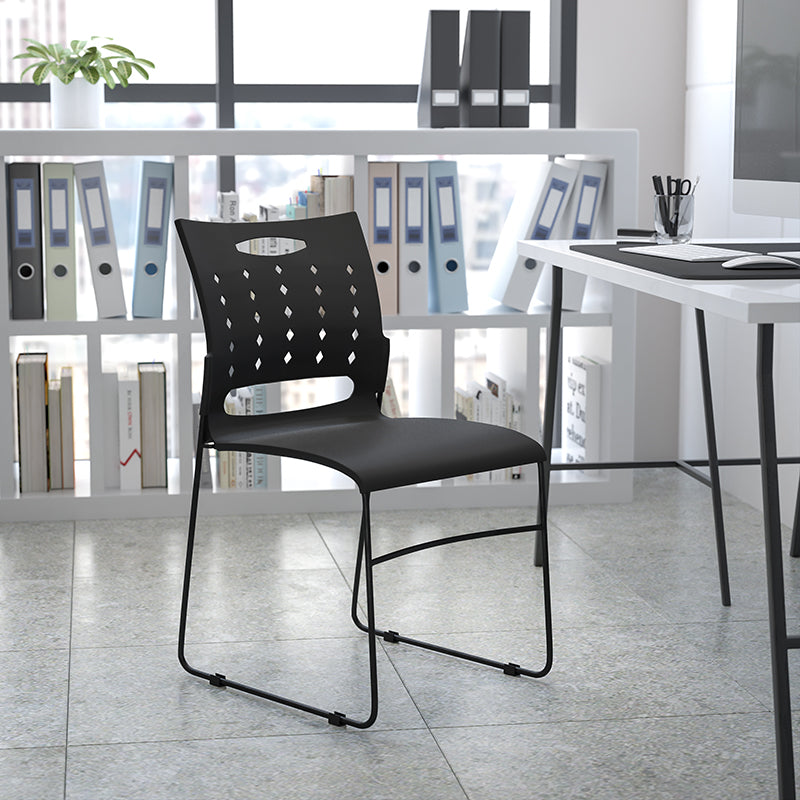 FLASH HERCULES Series 881 lb Capacity Black Sled Base Stackable Chair with Air Vent Back - Heavy Duty Folding Chairs for Events, Banquets, and Conference Rooms