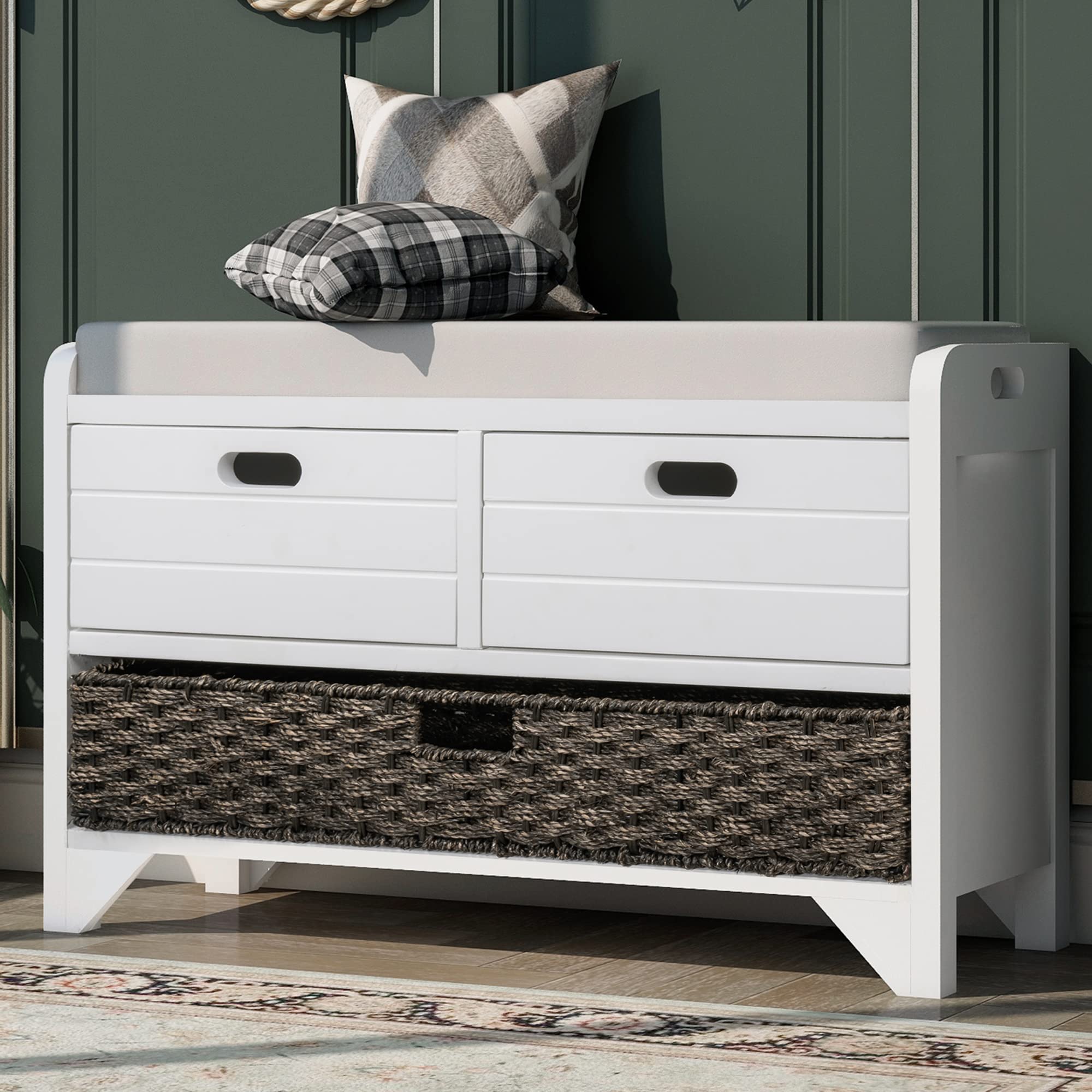 P PURLOVE White Entryway Storage Bench with 2 Drawers & Removable Basket - Shoe Bench with Cushion for Hallway, Living Room, Bedroom - Fully Assembled Organizer for Shoes, Hats & Home Decor (Perfect for Small Spaces & Entry Organization)