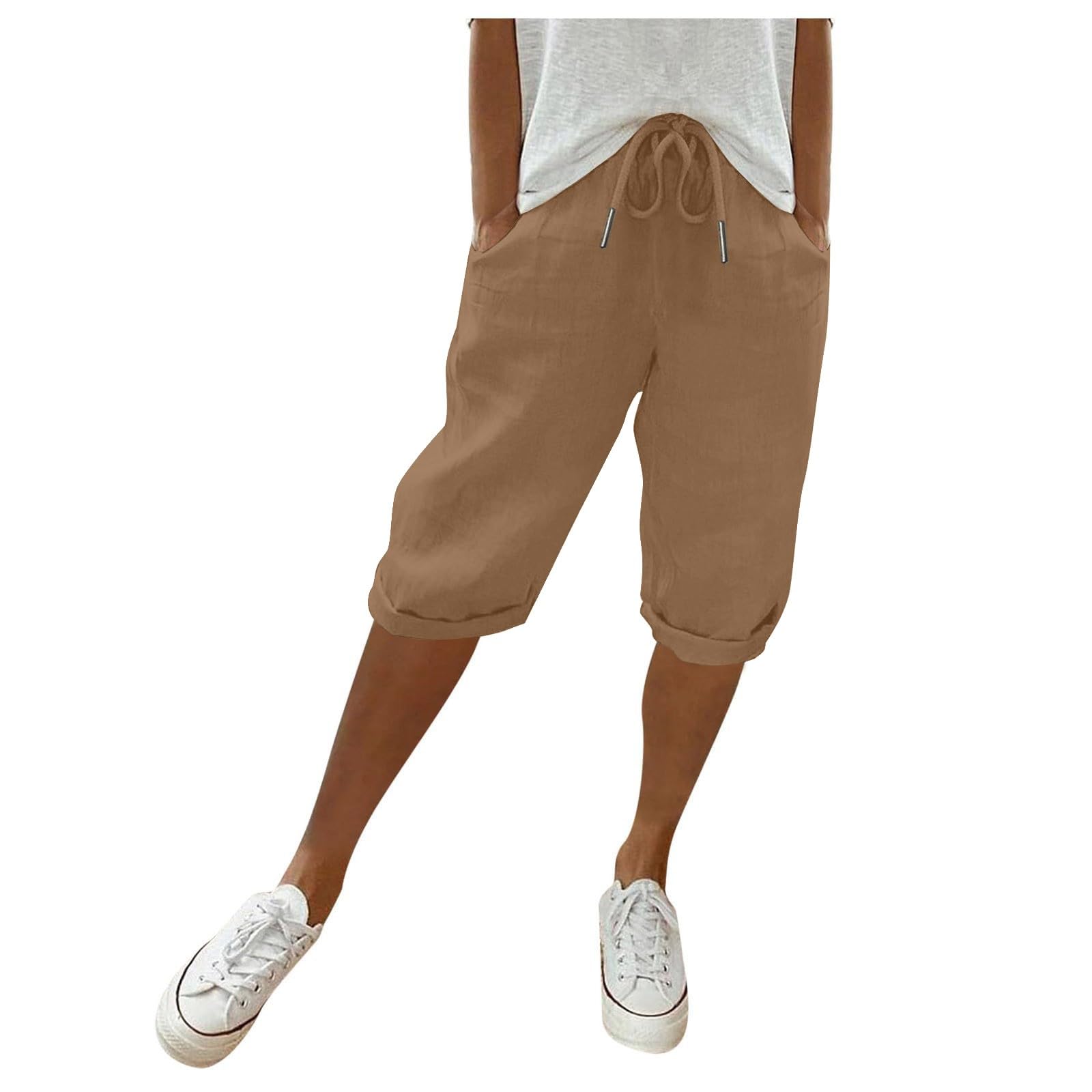 Women's Linen Bermuda Shorts - High Waisted Summer Shorts with Pockets for Beach & Lounge