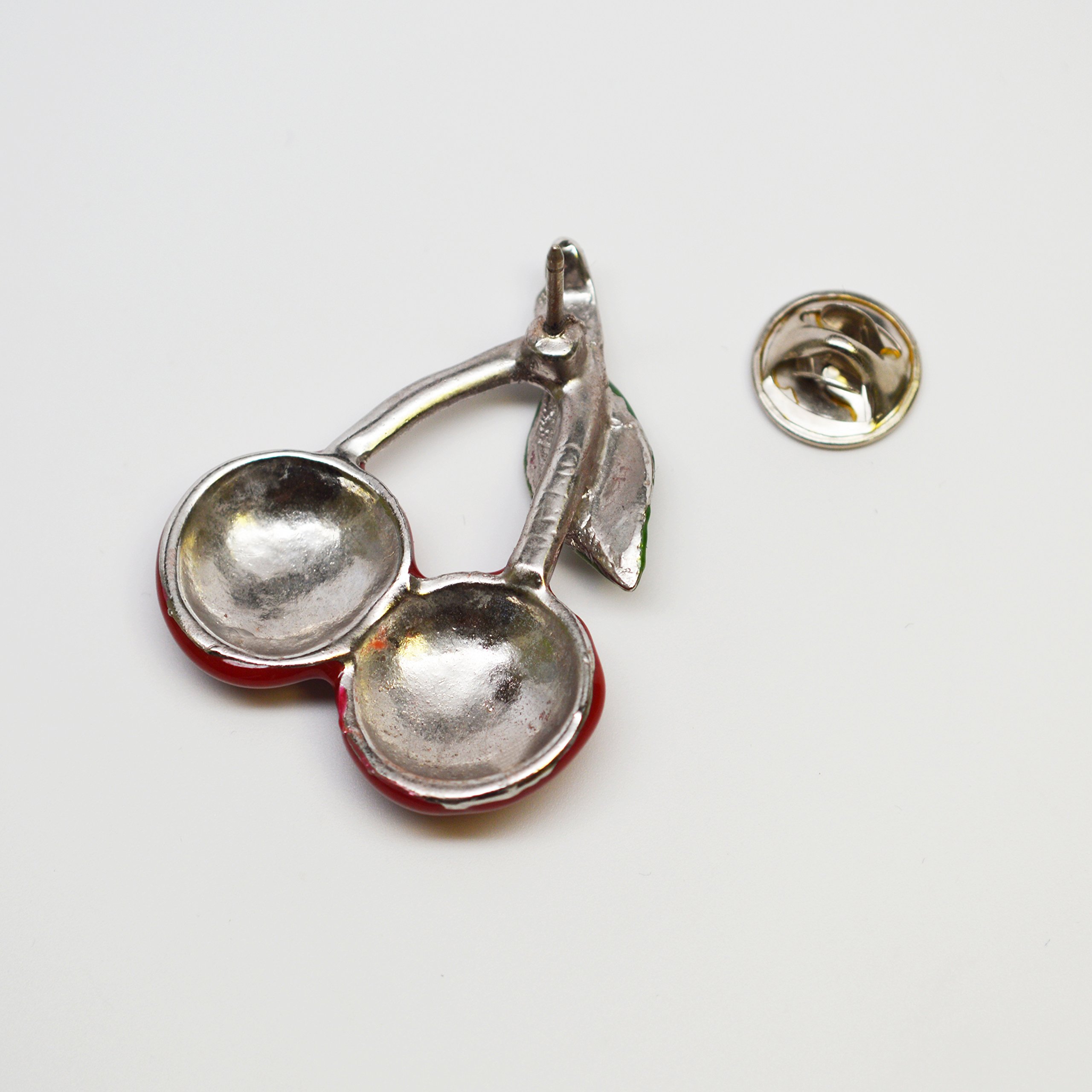 Vintage Cherry Lapel Pin - Classic Pewter with Red & Green Enamel - Perfect for Jackets, Hats, Bags & Denim Outfits