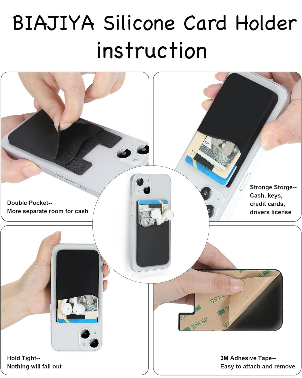 BIAJIYA Adhesive Silicone Phone Card Holder - Stick On Wallet Sleeve for iPhone Samsung Galaxy | Perfect for Business Cards, ID & Credit Cards While Shopping or Traveling