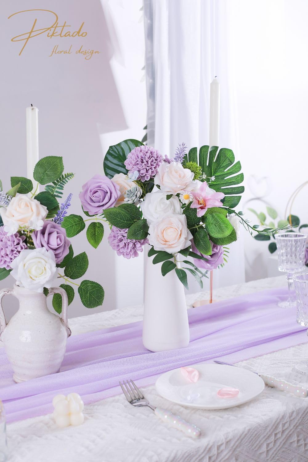 Artificial Rose Flowers - Dusty Rose Gradient Fake Roses with Stems for DIY Wedding Bouquets, Centerpieces, Home Decor, Table Arrangements - Perfect for Wedding, Party, Home Decoration (White Lavender)