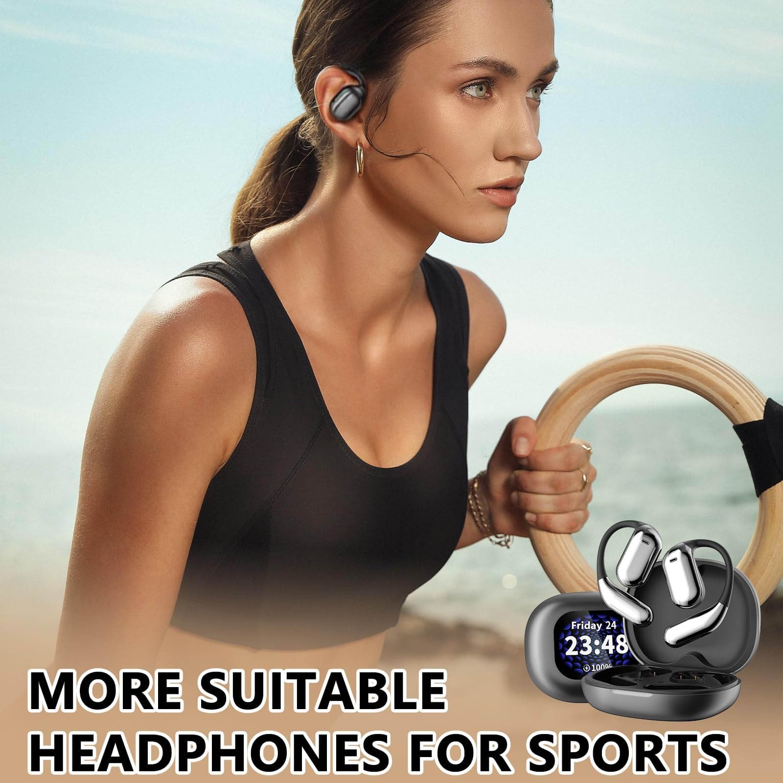 Smart Touch Screen Open-Ear Bluetooth Headphones - True Wireless Earbuds with Bluetooth 5.4, IPX5 Waterproof & LED Display - Perfect for Running, Cycling & Outdoor Activities (Black)