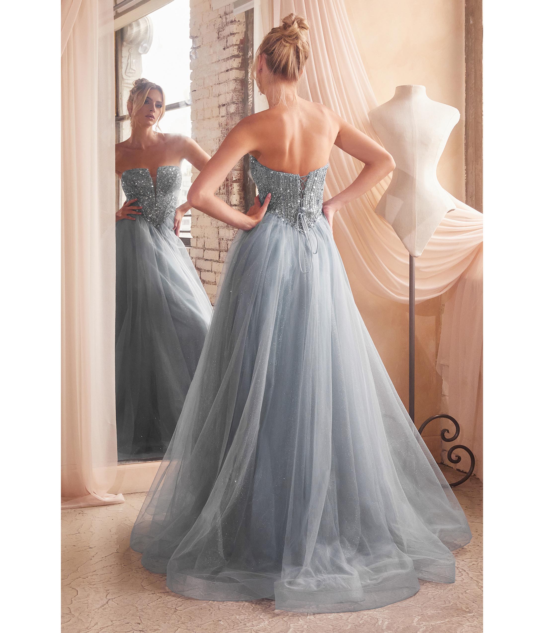 Cinderella Divine Smoky Blue Glitter Bodice & Tulle Prom Ball Gown - Ladivine Collection | Elegant Evening Gown for Prom, Homecoming, Quinceañera & Formal Events