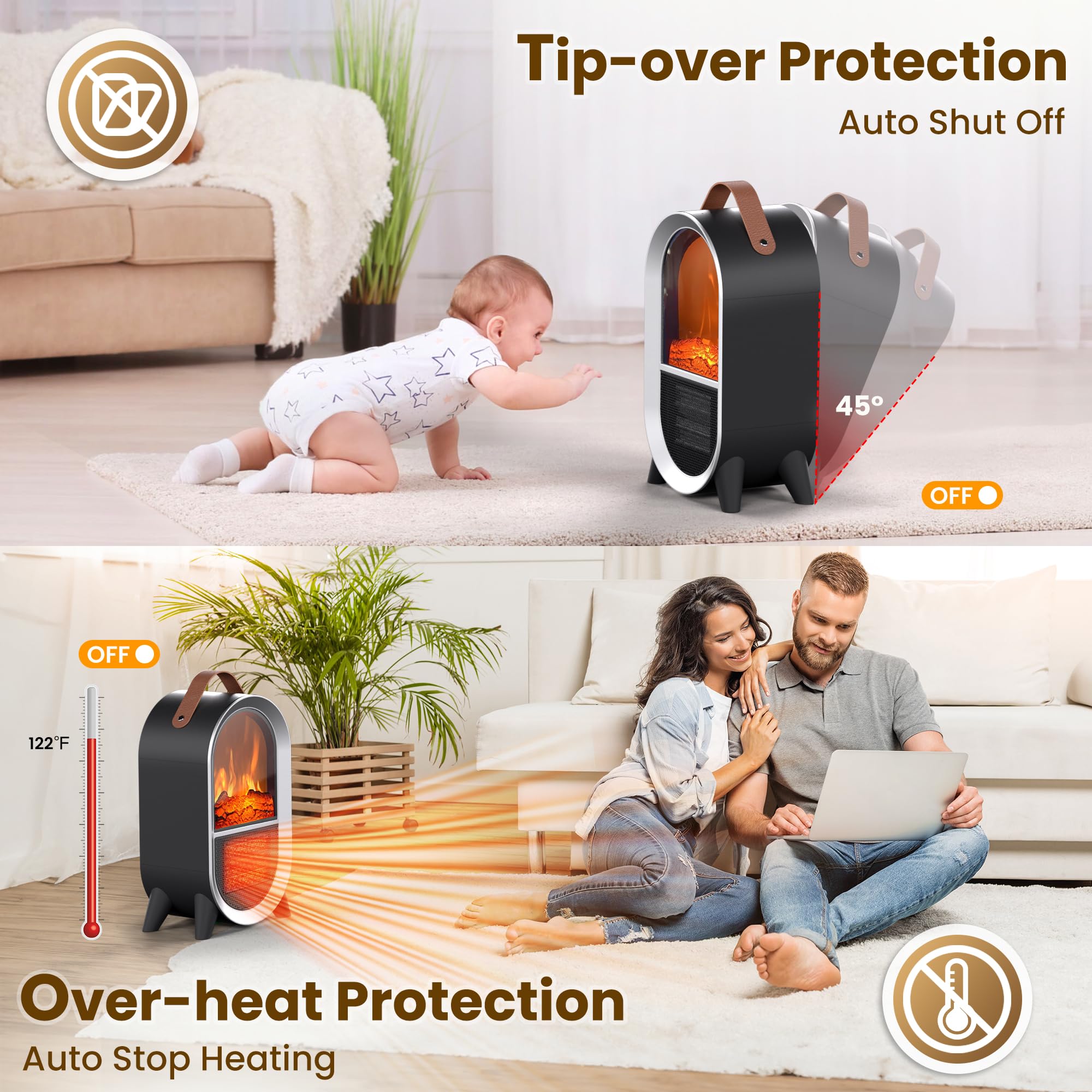 1500W/750W Portable Electric Space Heater with 3D Flame - Ceramic Indoor Heater with Thermostat, Overheat & Tip-Over Protection - Perfect for Home, Office, Bedroom, or Desk Use - Black