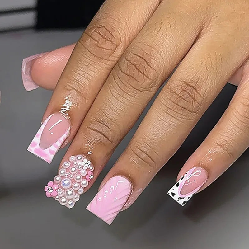 24Pcs Short Square Fake Press on Nails - Zebra Stripes & French Tip Design, Acrylic Nail Art for Manicure | Perfect for Parties, Weddings & Everyday Wear