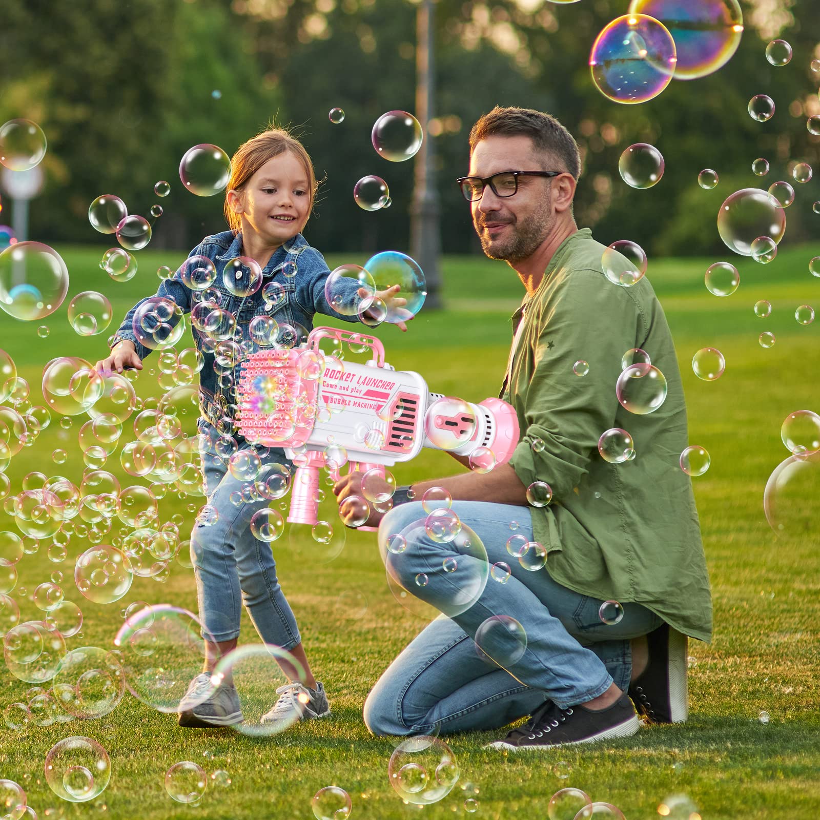 Rocket Boom Bubble Maker with 64 Holes - 5000+ Bubbles per Minute - Pink Bubble Blower for Kids & Adults - Perfect for Outdoor Play, Birthday Parties, and Summer Fun