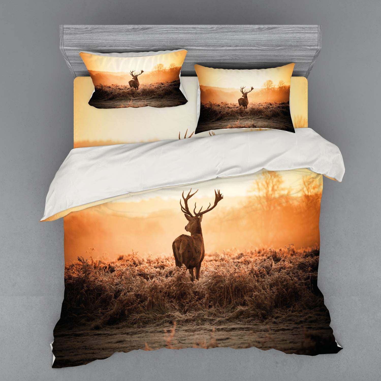 Ambesonne Hunting Duvet Cover Set - Red Deer in Morning Sun Wilderness Nature Scenery, 4-Piece King Size Bedding Set with Shams & Fitted Sheet, Brown Orange - Perfect for Cabin, Lodge & Countryside Home Decor
