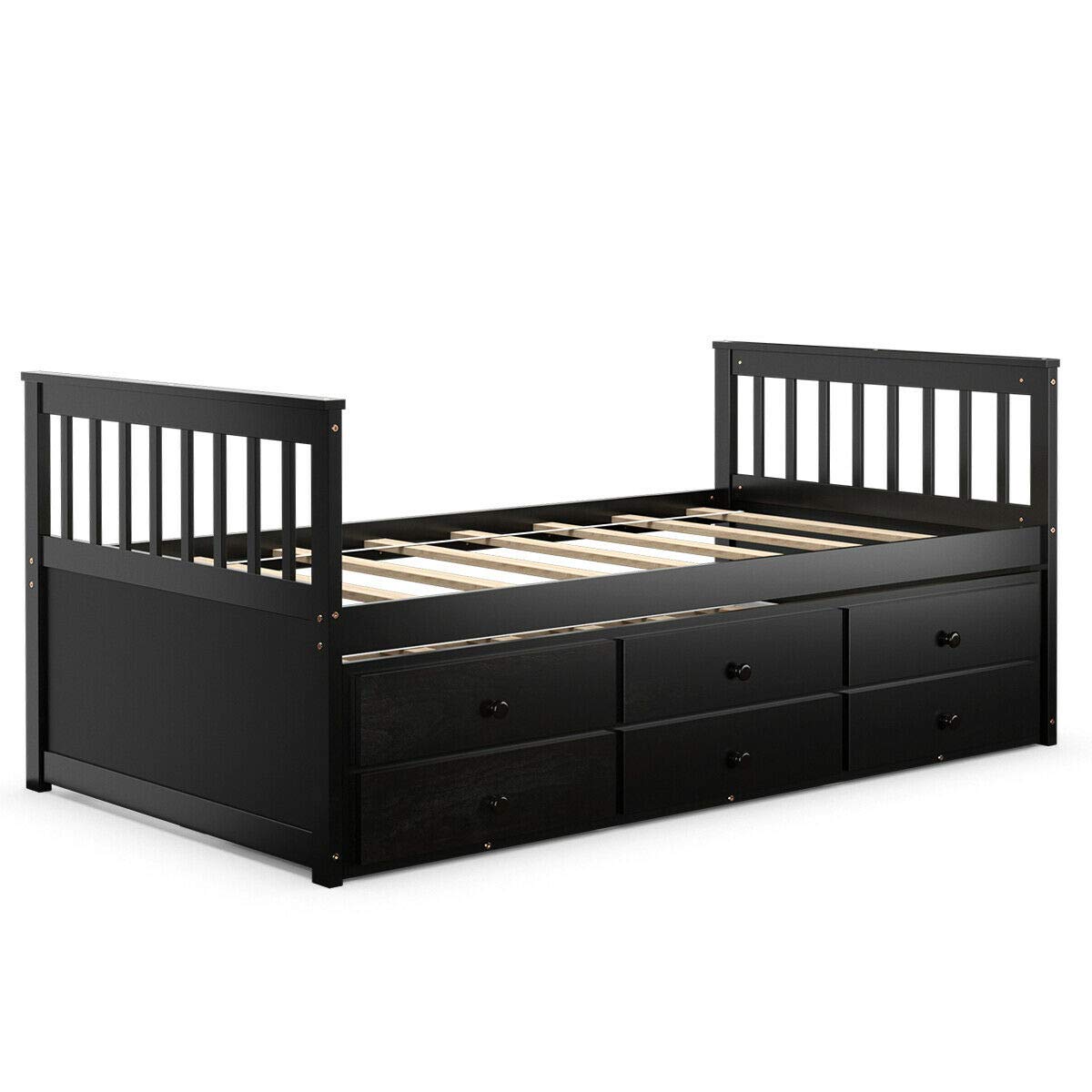 Twin Size Kids Bunk Bed with Pull-Out Trundle and 3 Storage Drawers - Solid Wood Espresso Bed Frame for Children's Room | Space-Saving Solution for Small Bedrooms & Sleepovers