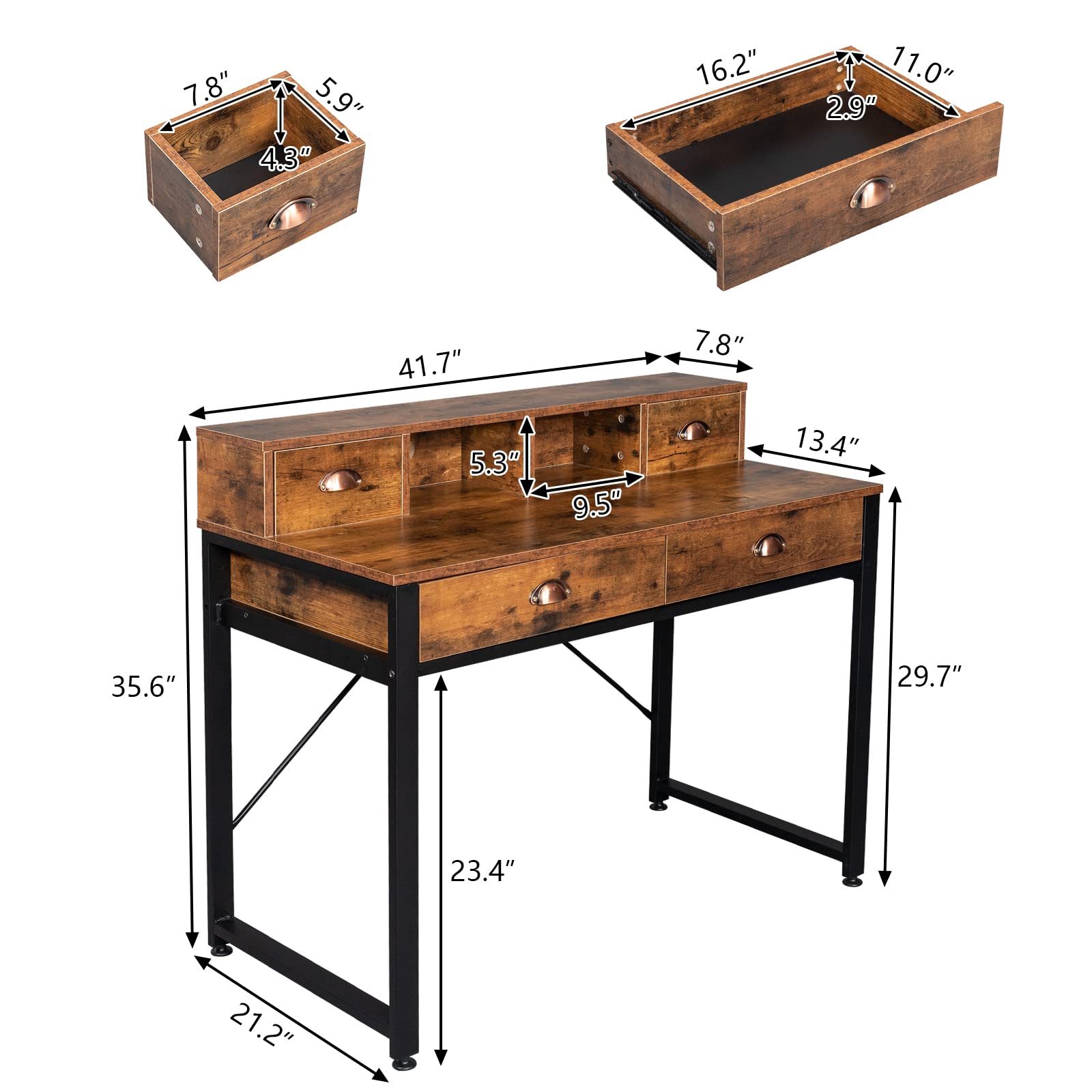 Compact Computer Desk with 4 Drawers & Hutch - Rustic Brown Home Office Desk for Small Spaces, Writing & Study - Perfect for Bedrooms, Dorm Rooms & Home Offices
