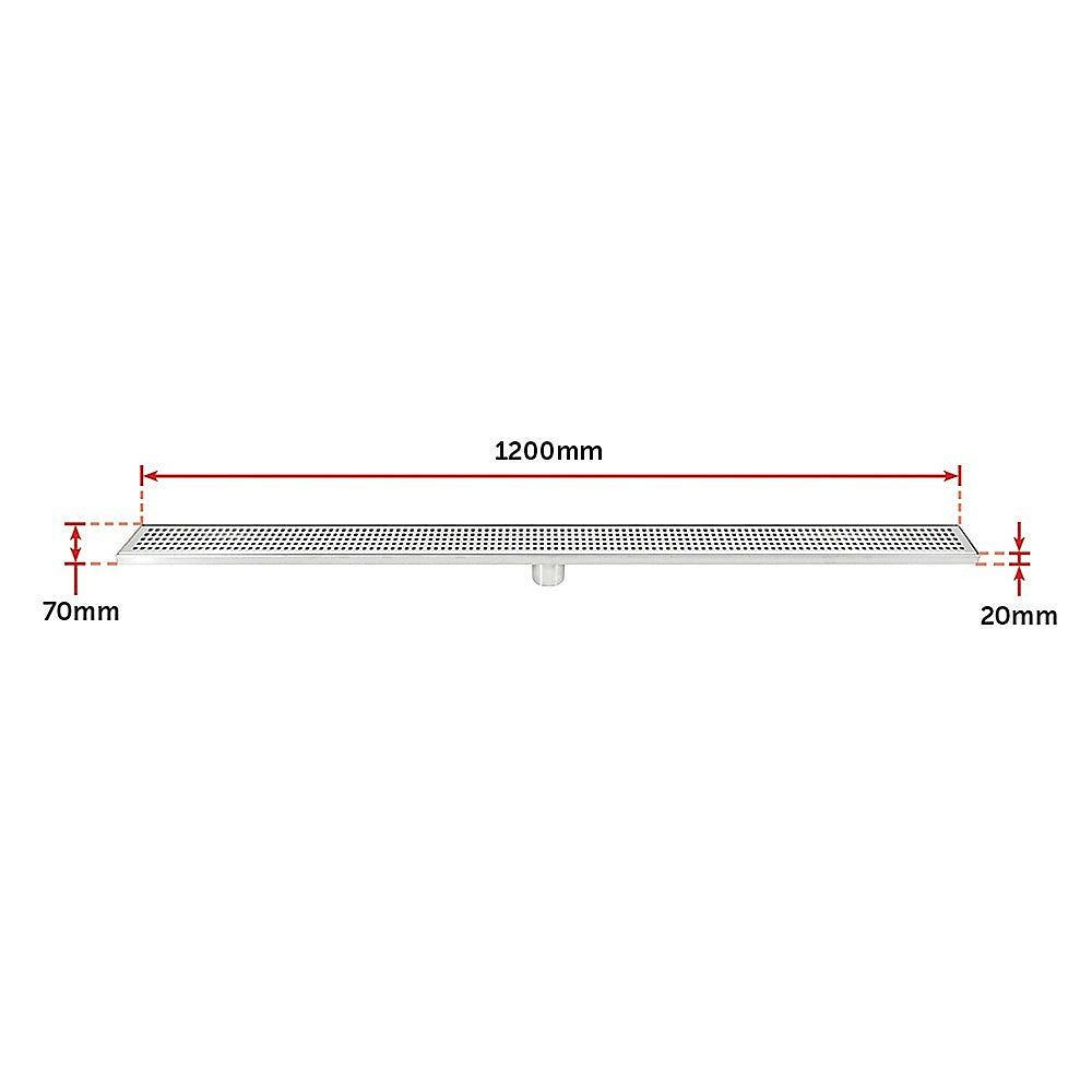1200mm Stainless Steel Shower Drain Grate - Square Pattern with Center Outlet - Anti-Slip Bathroom Floor Waste Drain for Wet Rooms & Showers