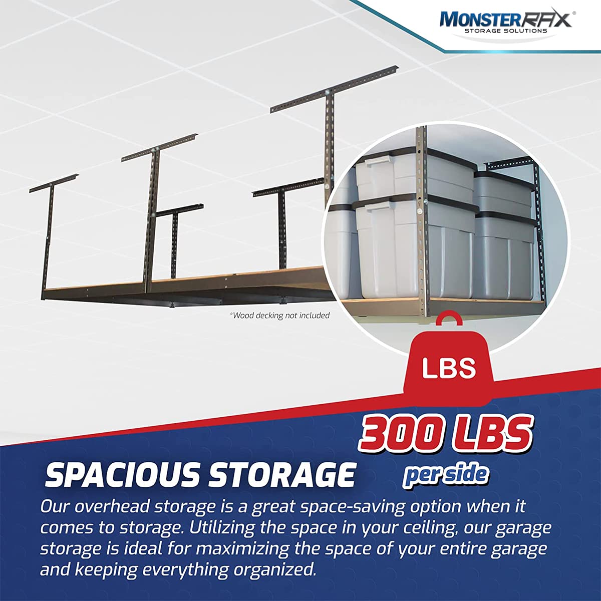 MonsterRax 4x8 Overhead Storage Rack Frame Kit - Heavy Duty Ceiling Mounted Garage Shelving System, Hanging Storage Shelves for Garage Organization (White, 12-21 Inch) - Perfect for Storing Seasonal Items, Sports Equipment & Home Supplies