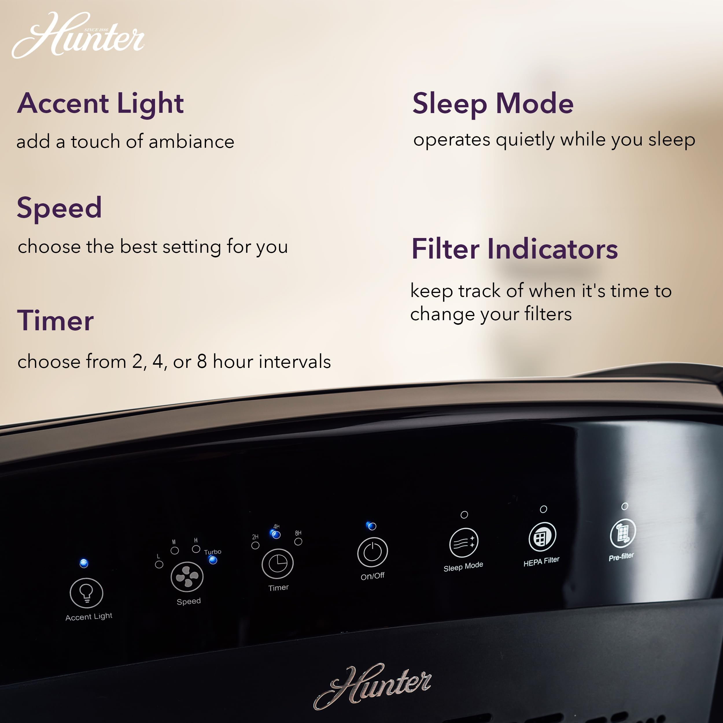 Hunter HP800 True HEPA Air Purifier for Large Rooms & Bedrooms - Removes Pet Dander, Odors, Allergens, Smoke, Dust & VOCs - 4 Fan Speeds with Quiet Sleep Mode - Covers 2585 Sq Ft/Hour - Black - Perfect for Allergy Relief & Cleaner Indoor Air