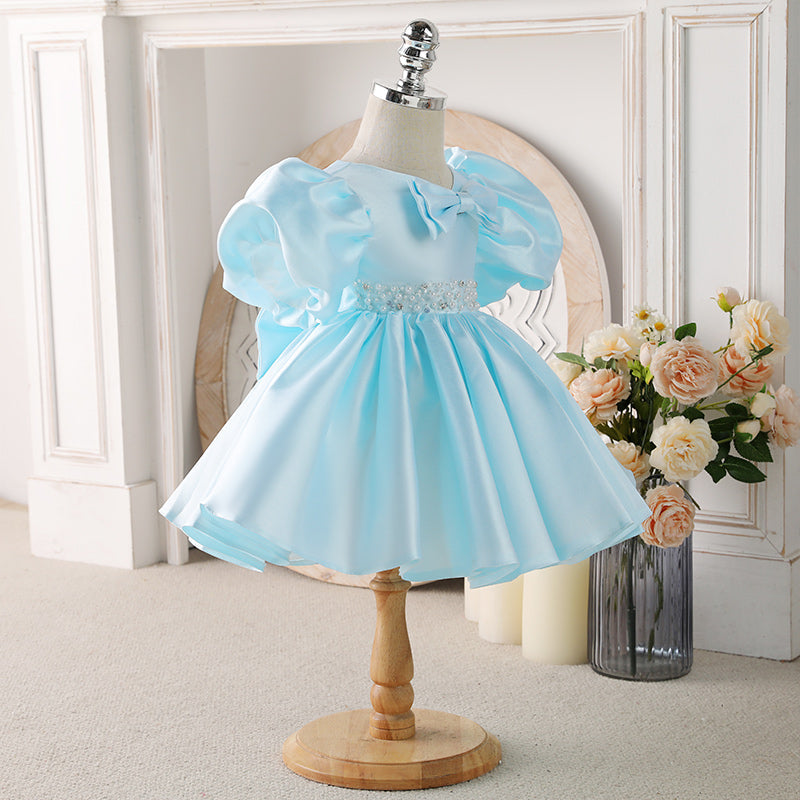 Royal Blue Satin Puff Sleeve Flower Girl Dress for Weddings - Elegant Princess Pageant Party Gown for Toddler Girls (Ages 3-6) | Perfect for Flower Girls, Baptisms, First Communion & Special Occasions