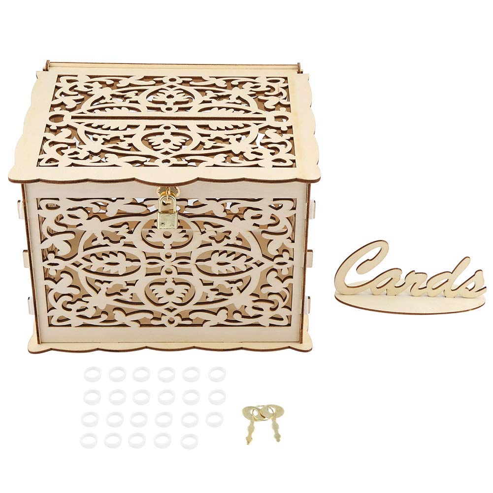 Natural Wood Wedding Card Box with Hollow Design & Lock - Foldable DIY Gift Box for Weddings, Anniversaries, Graduations, Baby Showers & Birthdays | Perfect for Ceremony Card Collection & Party Decor