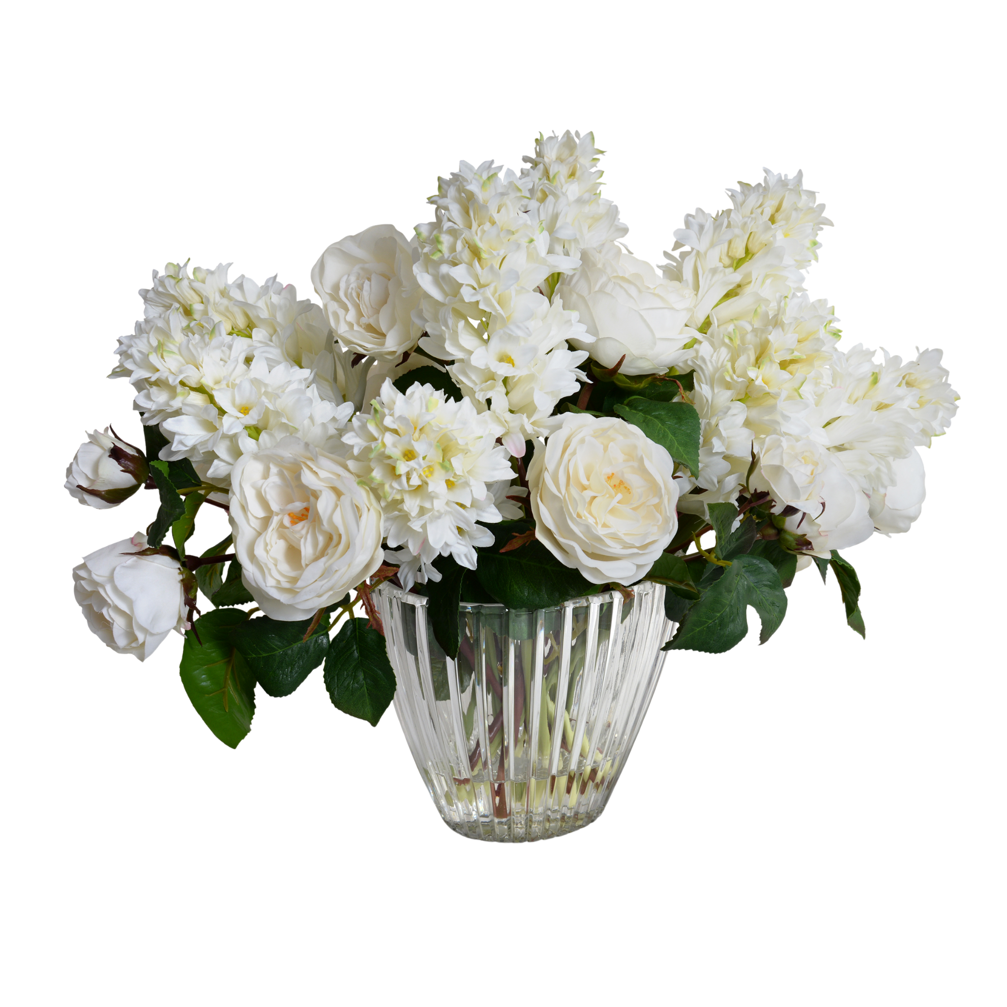 19 Faux Roses & Hyacinth Silk Flower Arrangement in Elegant Crystal Vase - Perfect for Home Decor, Wedding Centerpieces, and Office Table Decorations