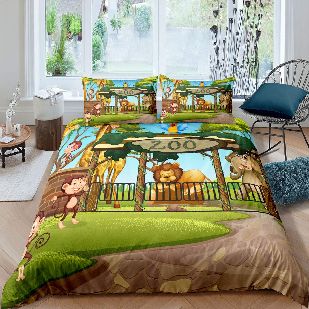 **Cute Cartoon Animal Duvet Cover Set for Kids - Twin Size Monkey Elephant Giraffe Lion Pattern, Soft Bedding Set with Zipper Ties, Perfect for Boys & Girls Bedroom Decor (Nature Cartoon Animal Theme)**    **Usage Scenarios:** Ideal for kids' bedrooms, nursery decor, birthday gifts, or themed room makeovers.