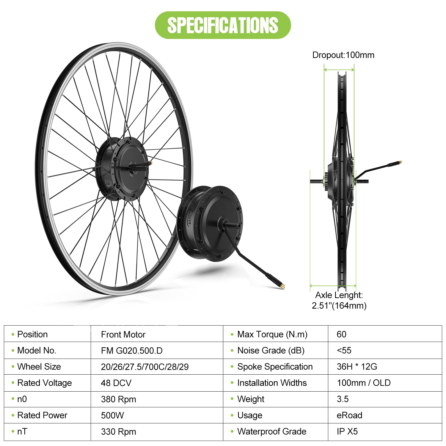 BAFANG 48V 500W Front Hub Motor Electric Bike Conversion Kit for 26