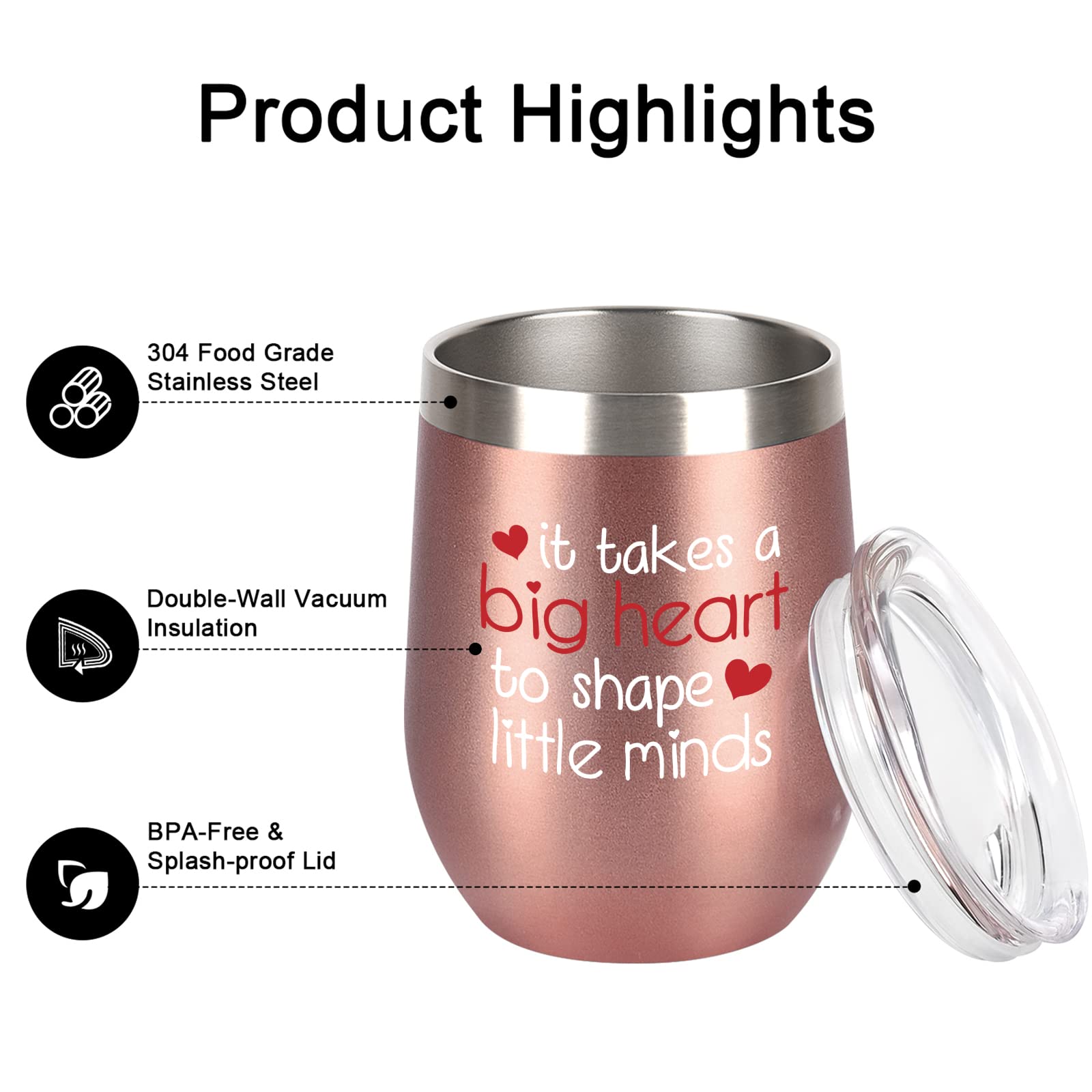 4-Pack Rose Gold Stainless Steel Wine Tumblers with Lids - 12oz Teacher Appreciation Gifts Bulk Set for Women, Perfect for Birthday, Christmas & Thank You Presents - Ideal for Coffee, Wine & Beverages at School, Home or Office