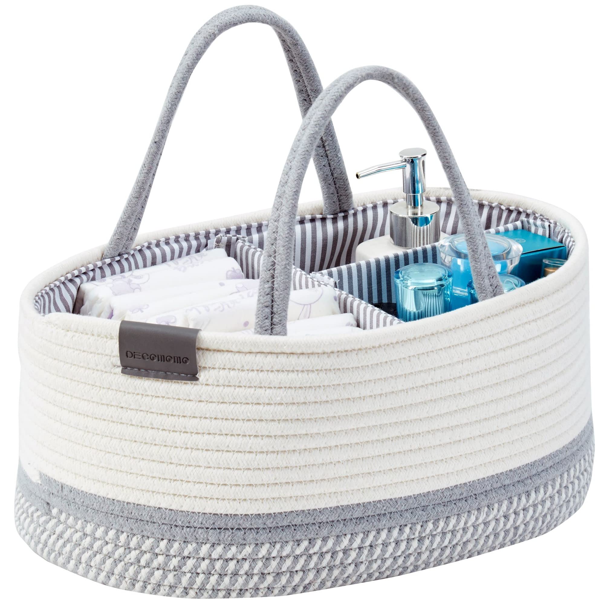 DECOMOMO Extra Large Diaper Caddy Organizer | Baby Diaper Storage Basket for Newborn Nursery | Spiral Light Grey & White Changing Table Organizer | Perfect for Baby Showers, Car Storage & Nursery Organization