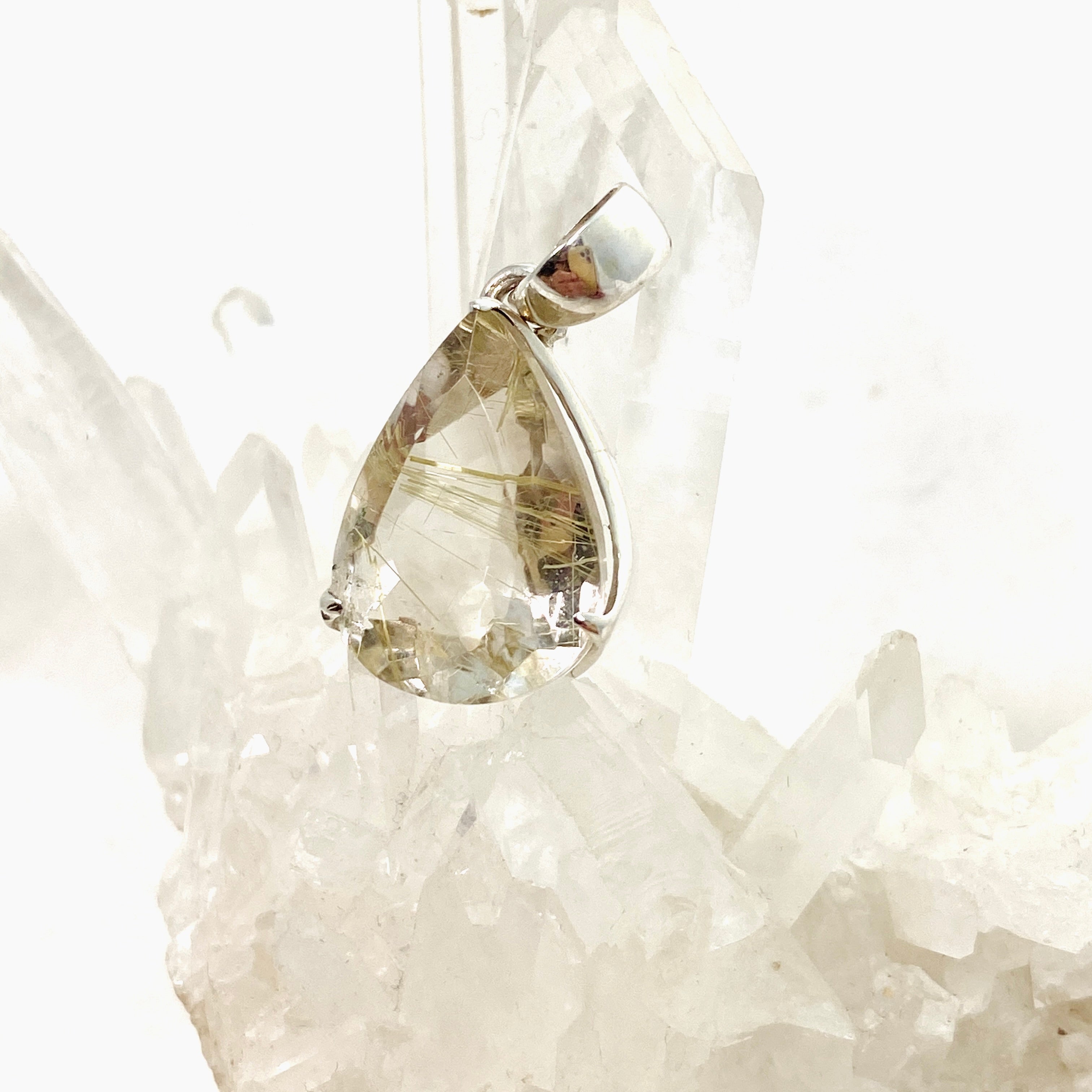 Rutilated Quartz Teardrop Faceted Pendant Necklace PPGJ841 - Elegant Crystal Jewelry for Women, Perfect for Gifts & Special Occasions