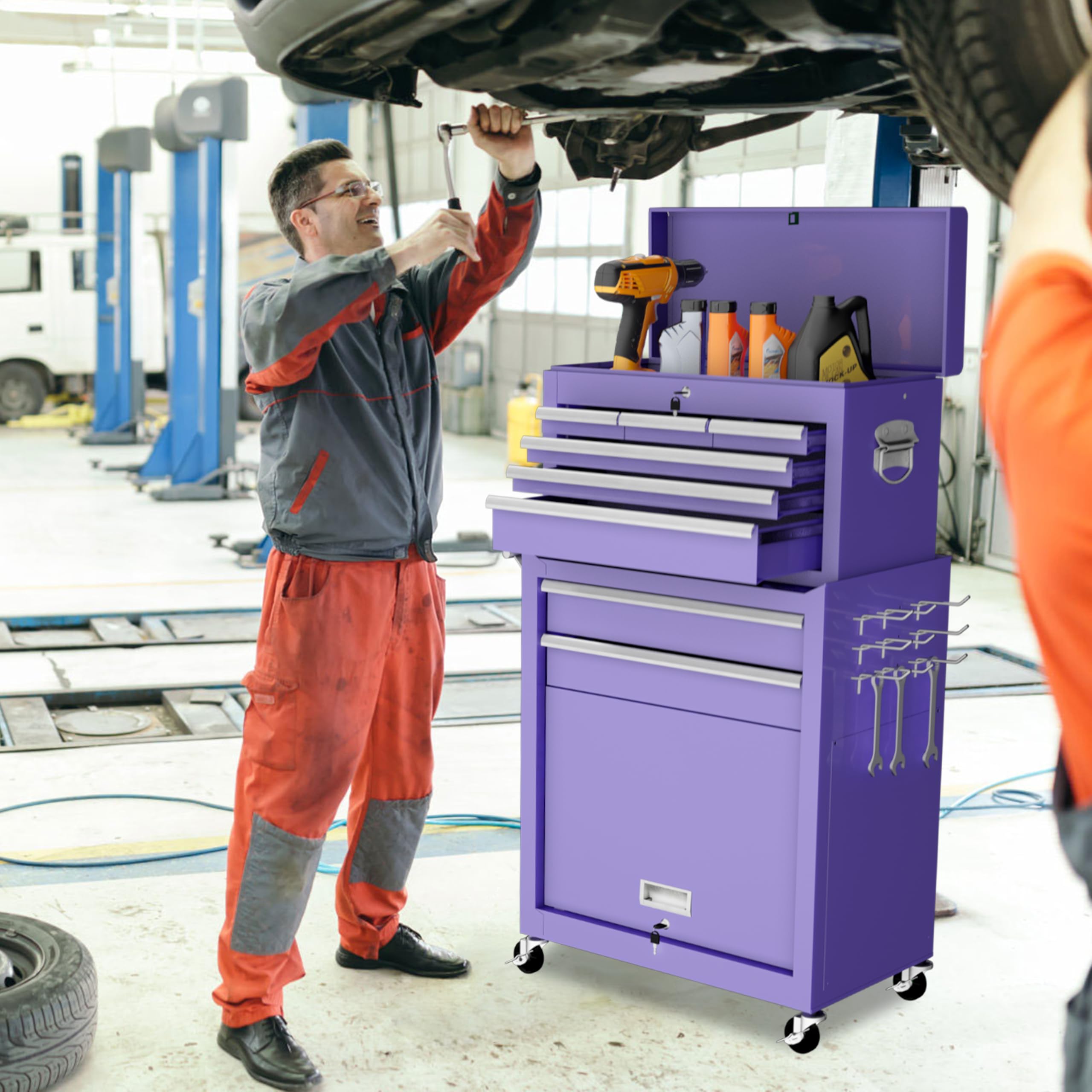 8-Drawer Rolling Tool Chest with Wheels - Detachable Metal Tool Cabinet with Locking Top Tool Box for Garage, Workshop & Auto Repair | Heavy-Duty Storage for Tools & Equipment (Purple)