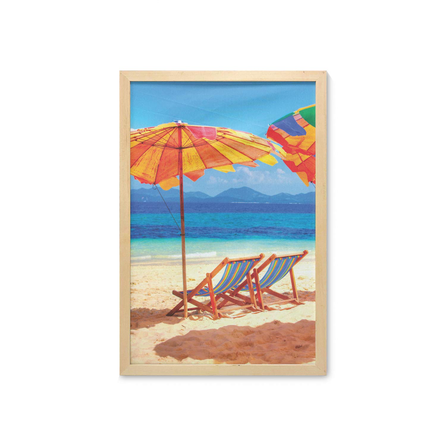 Ambesonne Tropical Beach Wall Art - Framed Seaside Decor with Deck Chairs Overlooking Thailand Sea, 23