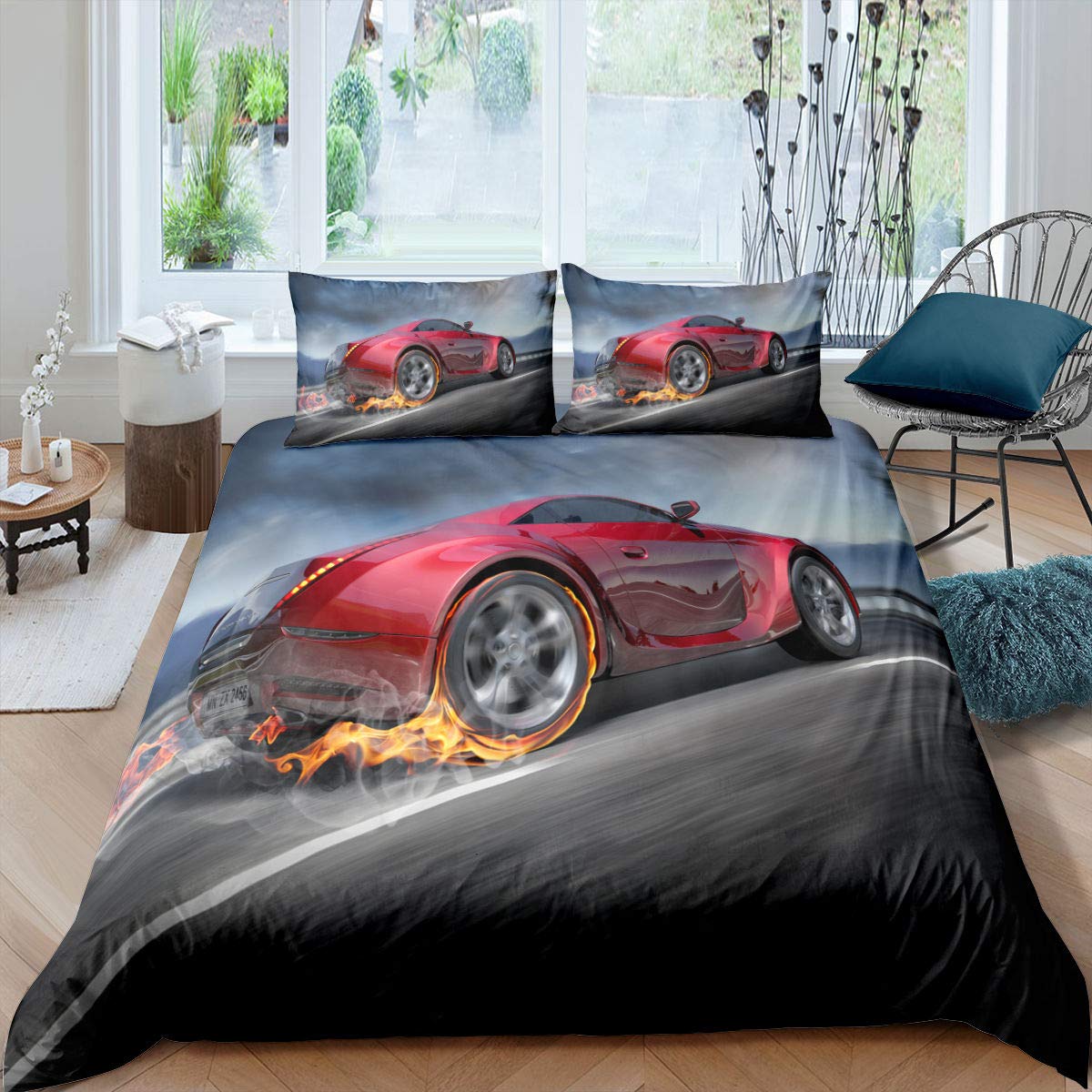 Race Car Duvet Cover Set - Twin Size Speed Sports Bedding with Zipper for Kids, Boys & Girls | Extreme Sport Games Comforter Cover | Automobile Flame Grey Quilt for Teens & Adults | Perfect for Bedroom Decor & Racing Theme Rooms