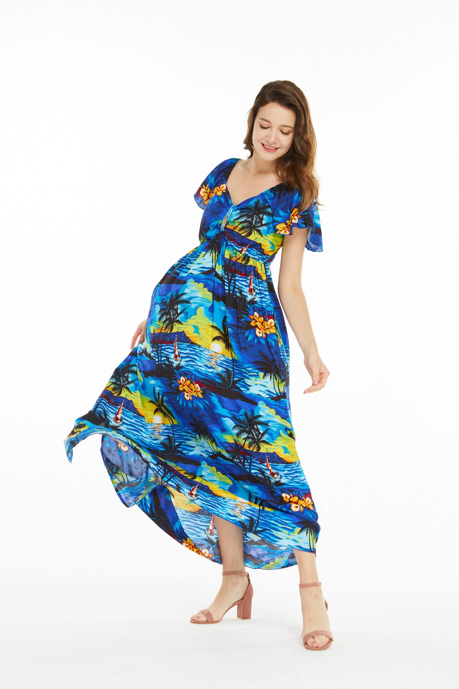 Women's Hawaiian Maxi Dress with Ruffle Sleeves - Sunset Print Floral Beach Dress for Vacation, Summer Party & Tropical Getaway