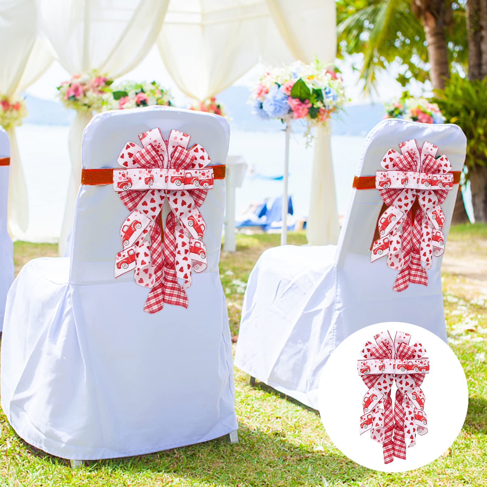 RoseCraft Heart & Truck Print Wedding Wreath Bow - 13x30 Inch White & Red Front Door Decor for Home, Wall, Party, Spring & Summer - Perfect for Wedding Decorations, Housewarming Gifts & Seasonal Celebrations