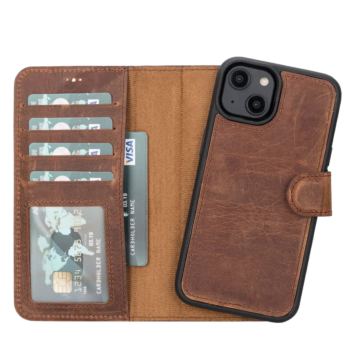 Vintage Brown Distressed Leather Wallet Case for iPhone 14 - Slim Protective Cover with Card Slots | Perfect for Everyday Use, Travel & Business