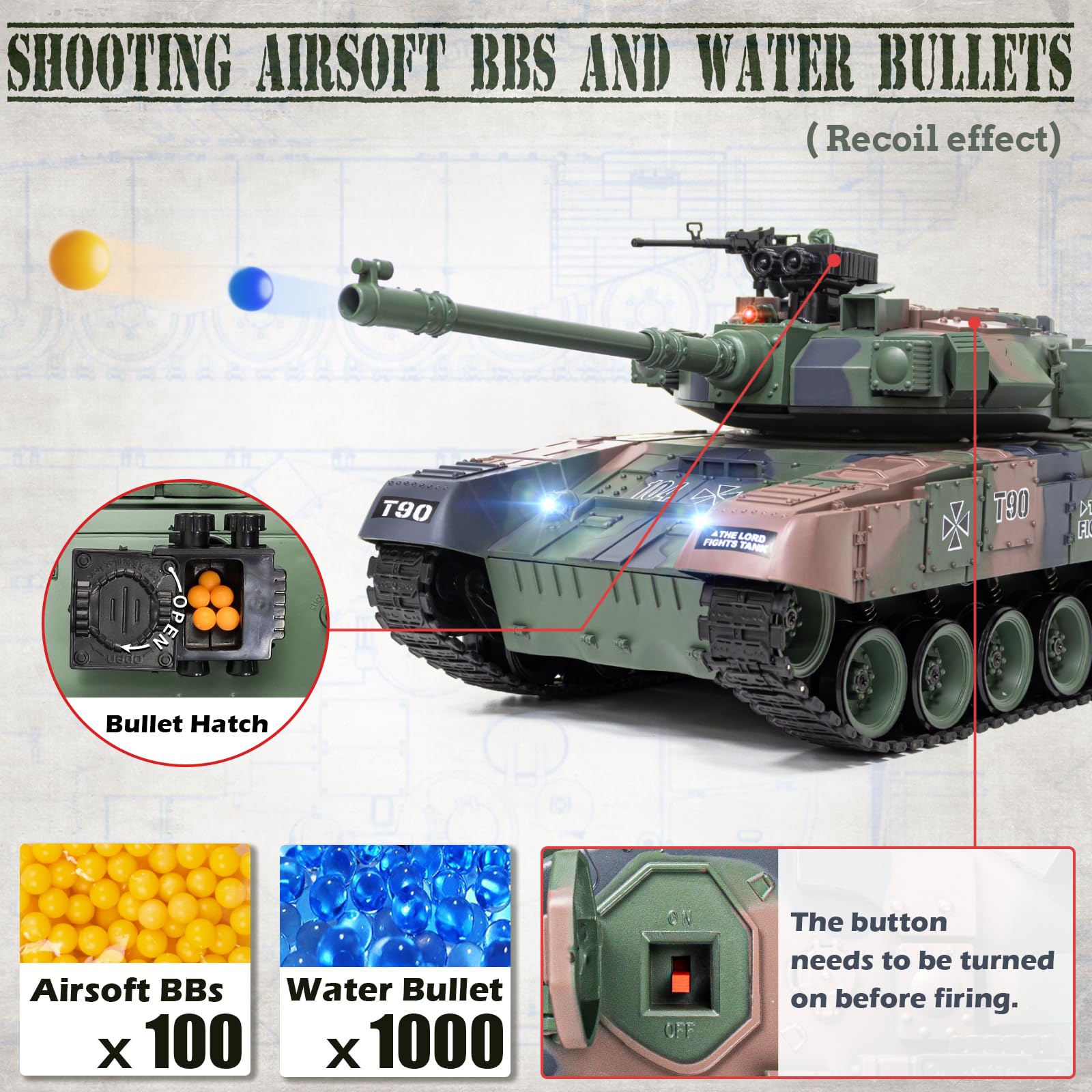 1:18 Scale RUS T-90 RC Tank - 2.4Ghz Remote Control Military Toy with Smoke, Light & Sound Effects, 15 Channels, BBS & Water Bomb Shooting - Battle-Ready Army Tank Model for Adults & Kids | Indoor & Outdoor Play, War Simulation, Collectible Display
