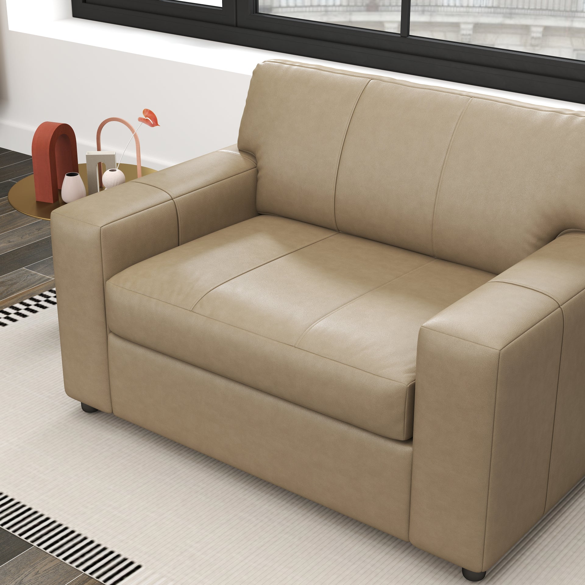 Roundhill Furniture Sakan Genuine Leather Upholstered Cutler Lounge Chair - Modern Living Room Accent Chair for Home Office & Reading Nook